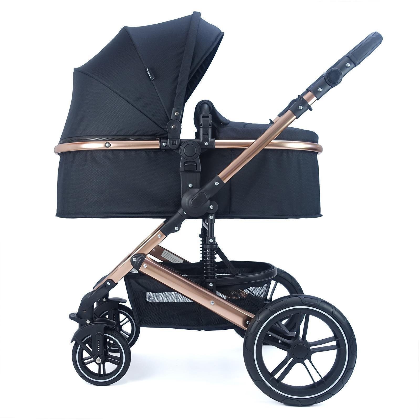 Pixini Kombi-Kinderwagen Pixini Neyla Kinderwagen schwarz mit goldfarbigem Gestell