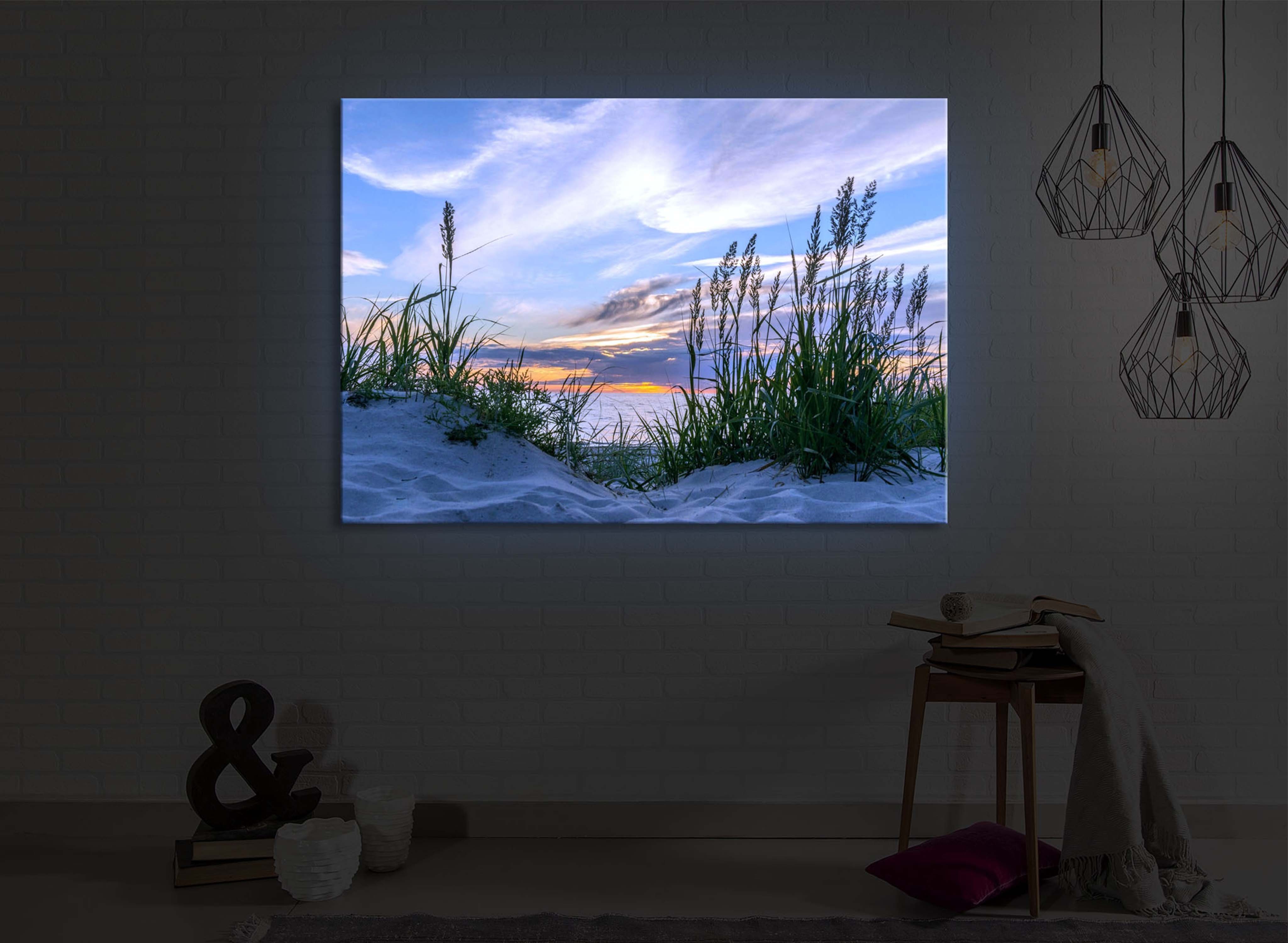 lightbox-multicolor LED-Bild Gras am Strand bei Sonnenuntergang front lighted / 60x40cm, Leuchtbild mit Fernbedienung