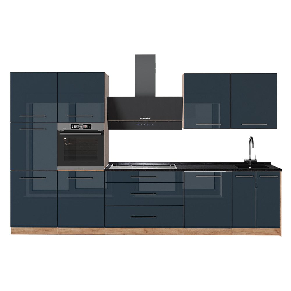 Vicco Küchenzeile Fame-Line, Dunkelblau Hochglanz/Goldkraft Eiche, 340 cm, AP Anthrazit