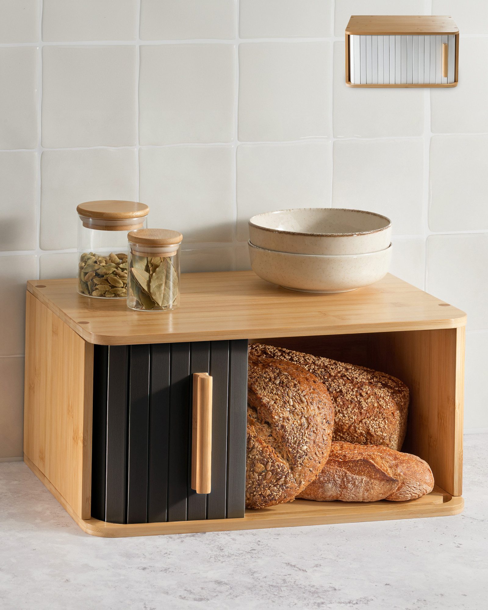 Praknu Brotkasten Großer Brotkasten aus Bambus mit schwarzer Tür, Bambus, FSC® Holz - Platzsparend und stilvolle Brotbox für längere Frische
