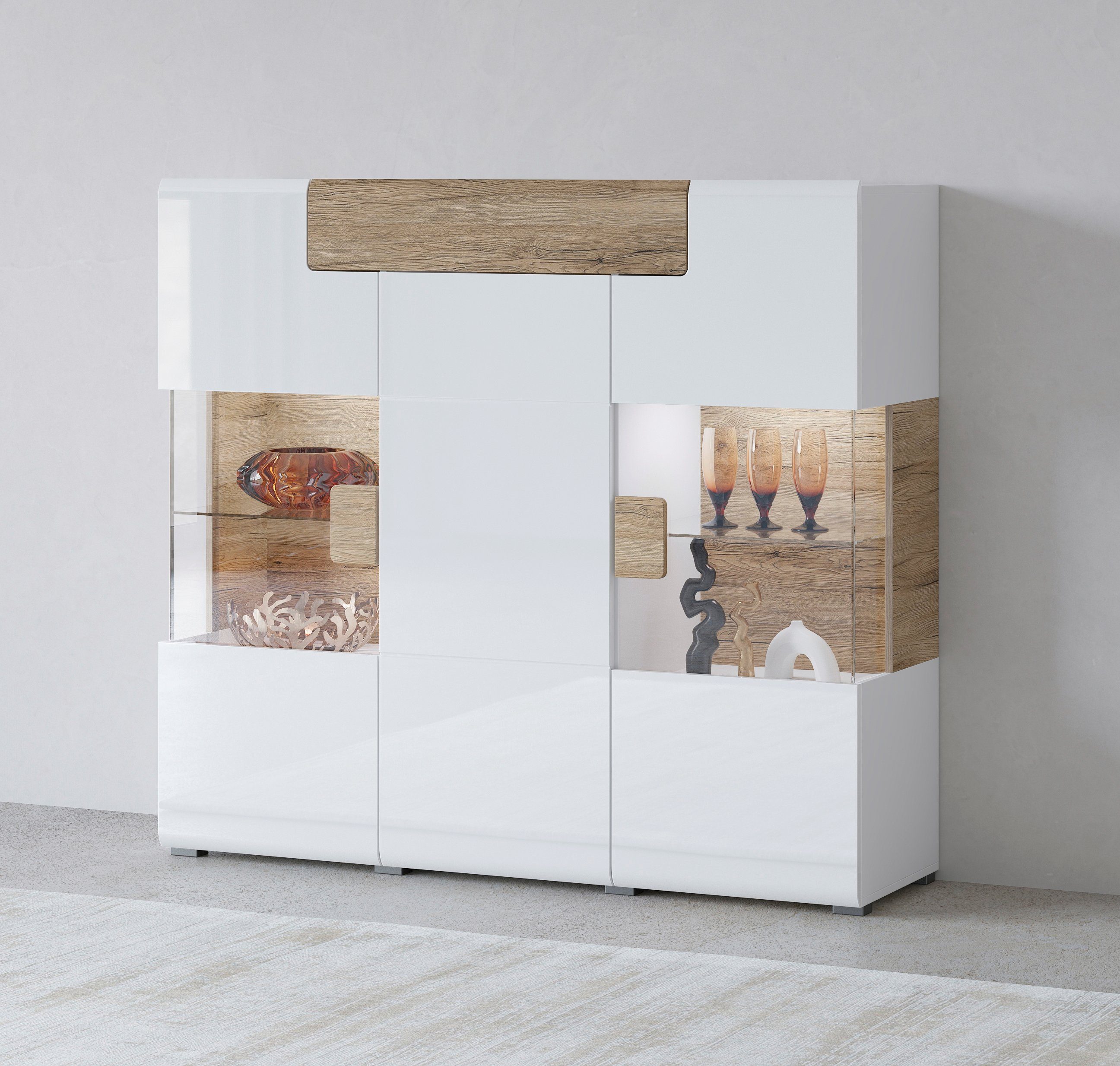 INOSIGN Highboard Toledo,Breite 147,5cm,trendige Hochkommode mit 3Türen und Schublade, Hochschrank mit Glas-Partien,stylische Hochglanzfronten