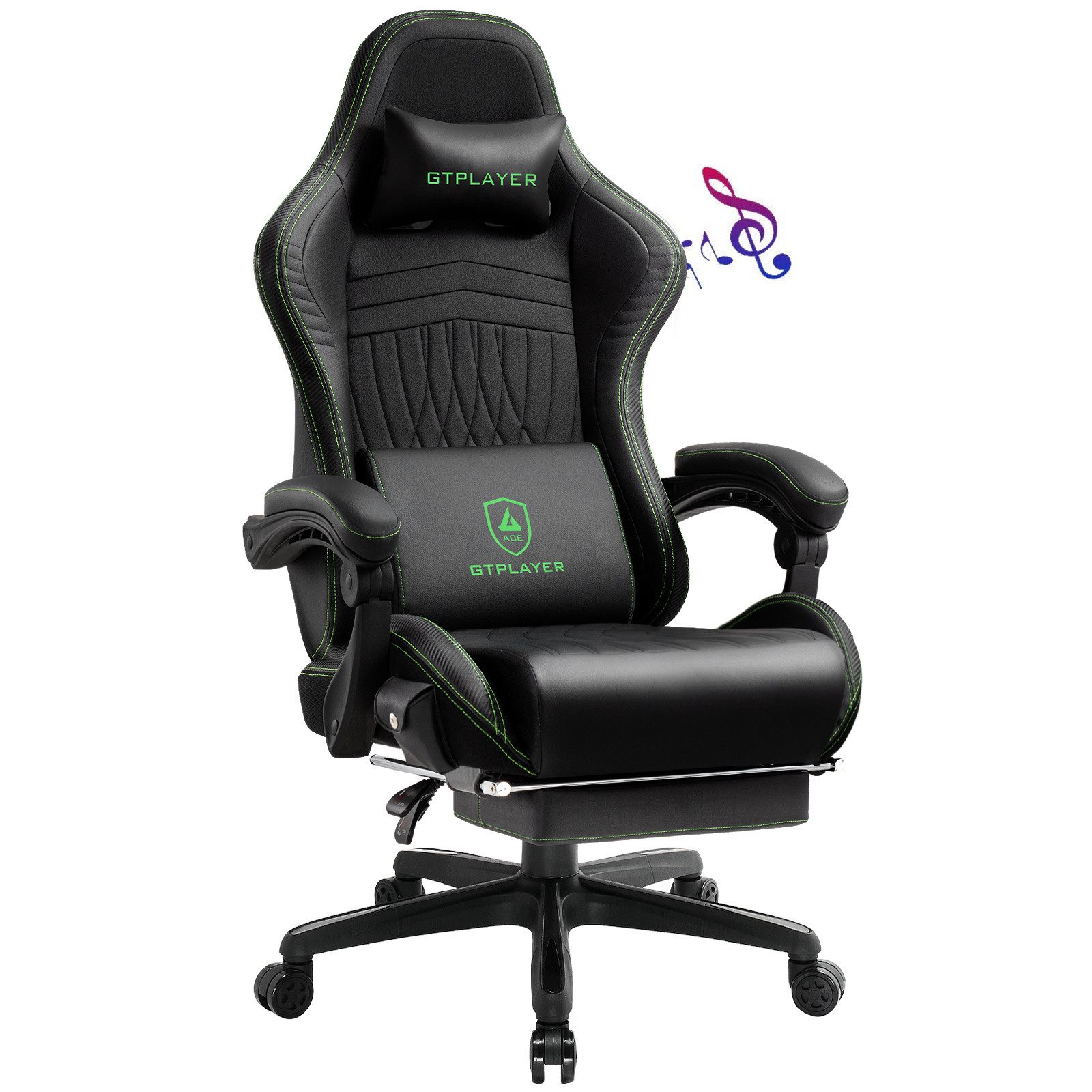 GTPLAYER Gaming-Stuhl ergonomischer Bürostuhl mit HIFI Stereo Lautsprecher, Mit Fußstütze und Verbindungsrmlehne höhenverstellbar Kopfstütze