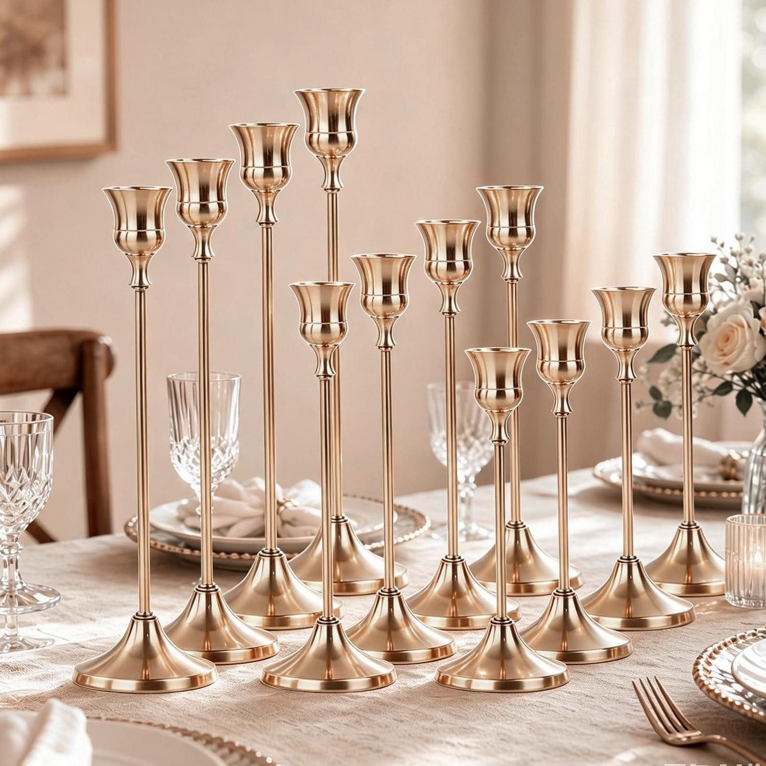 LuxusKollektion Kerzenständer Kerzenständer Set Metall Gold 12tlg 3 Höhen (12 St)