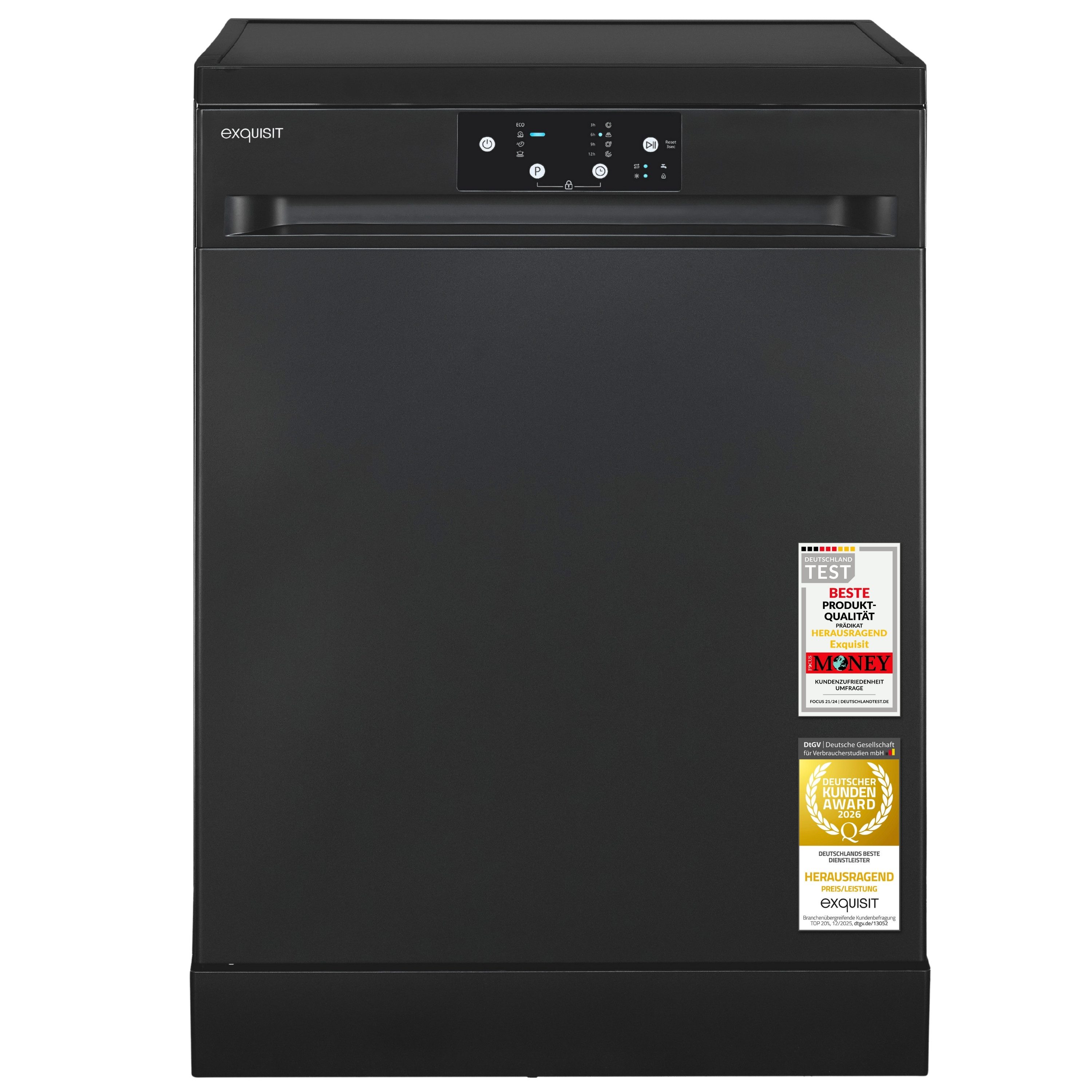 exquisit Standgeschirrspüler GSP9114-450D, 14 Maßgedecke, Edelstahl Innenbehälter, Energieklasse D, 49 dB Geräuschklasse C