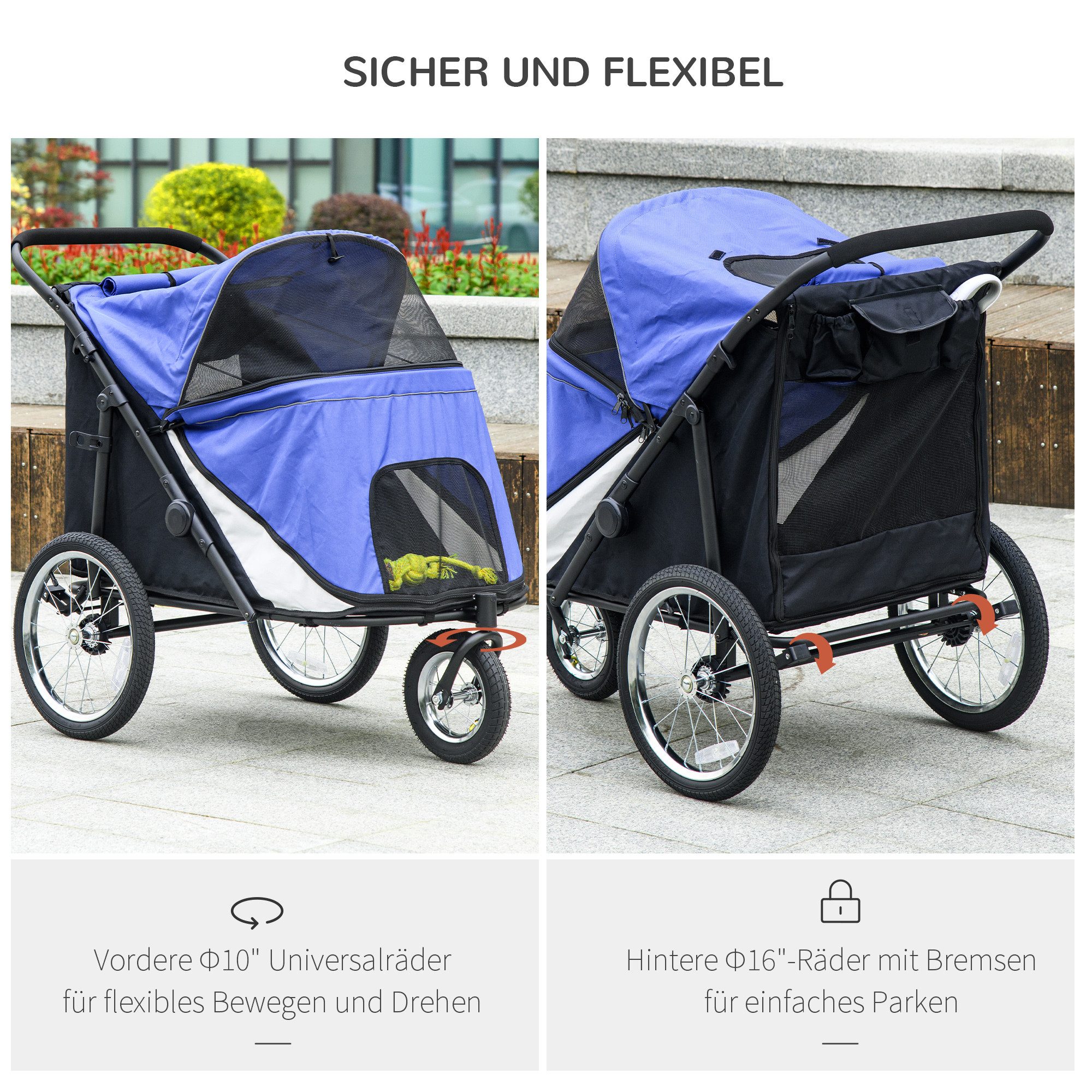 MC Star Hundebuggy Hundewagen klappbar mit Netzfenster Sicherheitsleine große Gummiräder, (bis 30kg Oxford Blau für Hunde und Katzen)