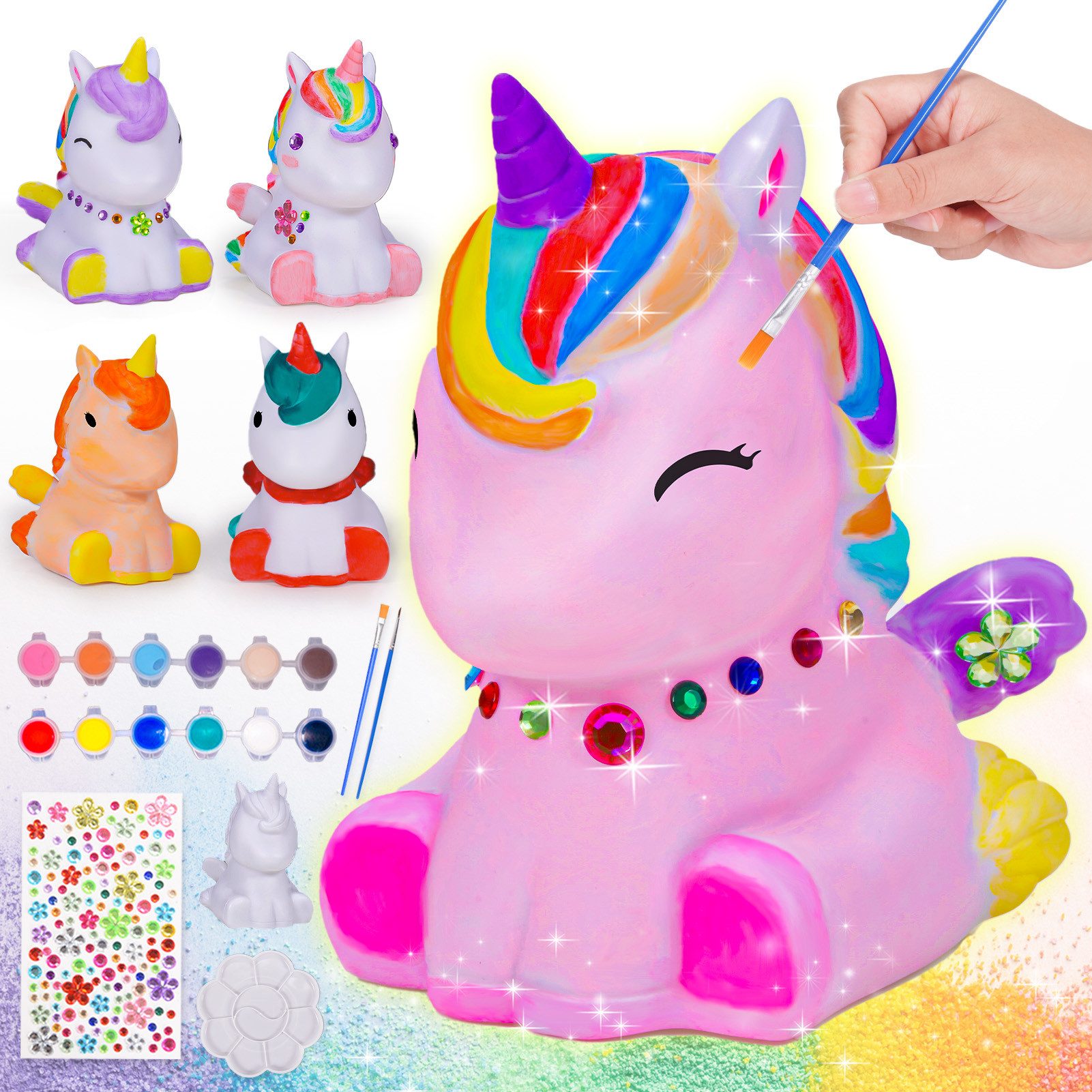 Wootoy Kreativset DIY Einhorn-Lampen Bastelset LED Nachttischlampe Nachtlicht Dekolicht, (mit Einhornlampe 12 Farben 2 Pinseln Palette und Diamant-Stickern, 1-tlg., Kreatives DIY-Projekt zur Förderung von Fantasie), DIY Malset für Kinder Familie und Freunde
