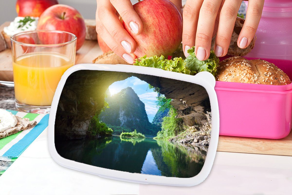 MuchoWow Lunchbox Wasser - Höhle Brotbox - Erwachsene, für Kunststoff - Snackbox, Brotdose Kunststoff, (2-tlg), - Sonne Kinder, Mädchen, Natur rosa Pflanzen