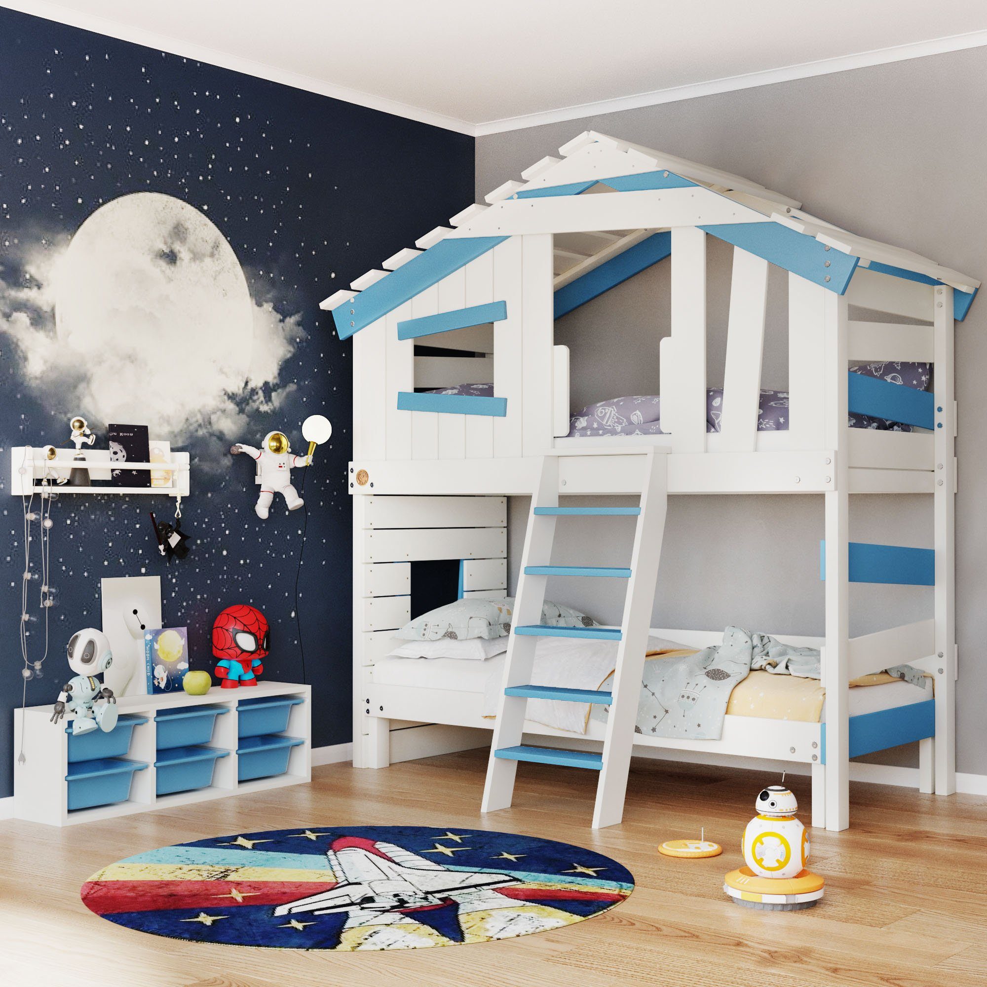 bibex Hochbett ALPIN CHALET Hochbett + Unterbett, Doppelbett, Etagenbett - Blau/Weiss
