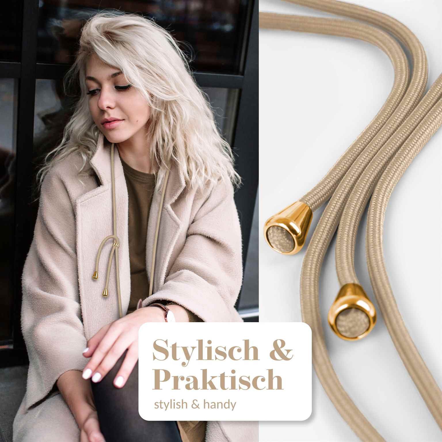 moex Handykette für Motorola Razr 50 Ultra Handyband ohne Hülle Unleash Gold 6,9 Zoll, Umhängeband mit Karabiner Handy Kette zum Umhängen Band abnehmbar
