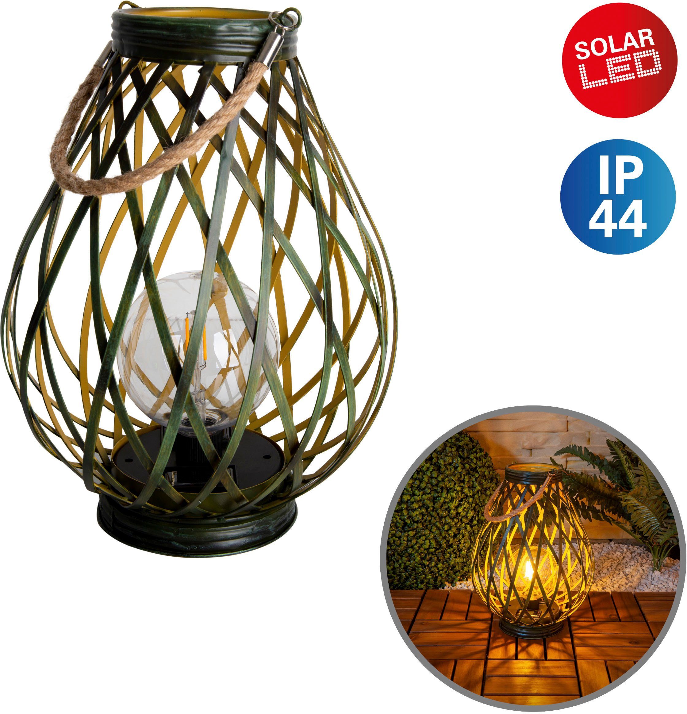 inkl. näve Kordelgriff/Aufhängung, Flechtoptik Leuchtmittel Leuchtbulb Warmweiß, wechselbar, LED in Solarleuchte Baluba, grün/gold,