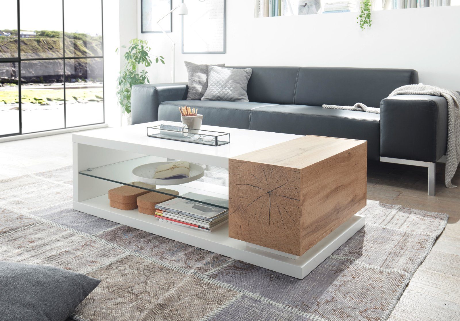 MCA furniture Couchtisch lackiert, mit Stauraum, mit cm), matt (Sofatisch, 120x63 Manisa Eiche-Dekor weiß