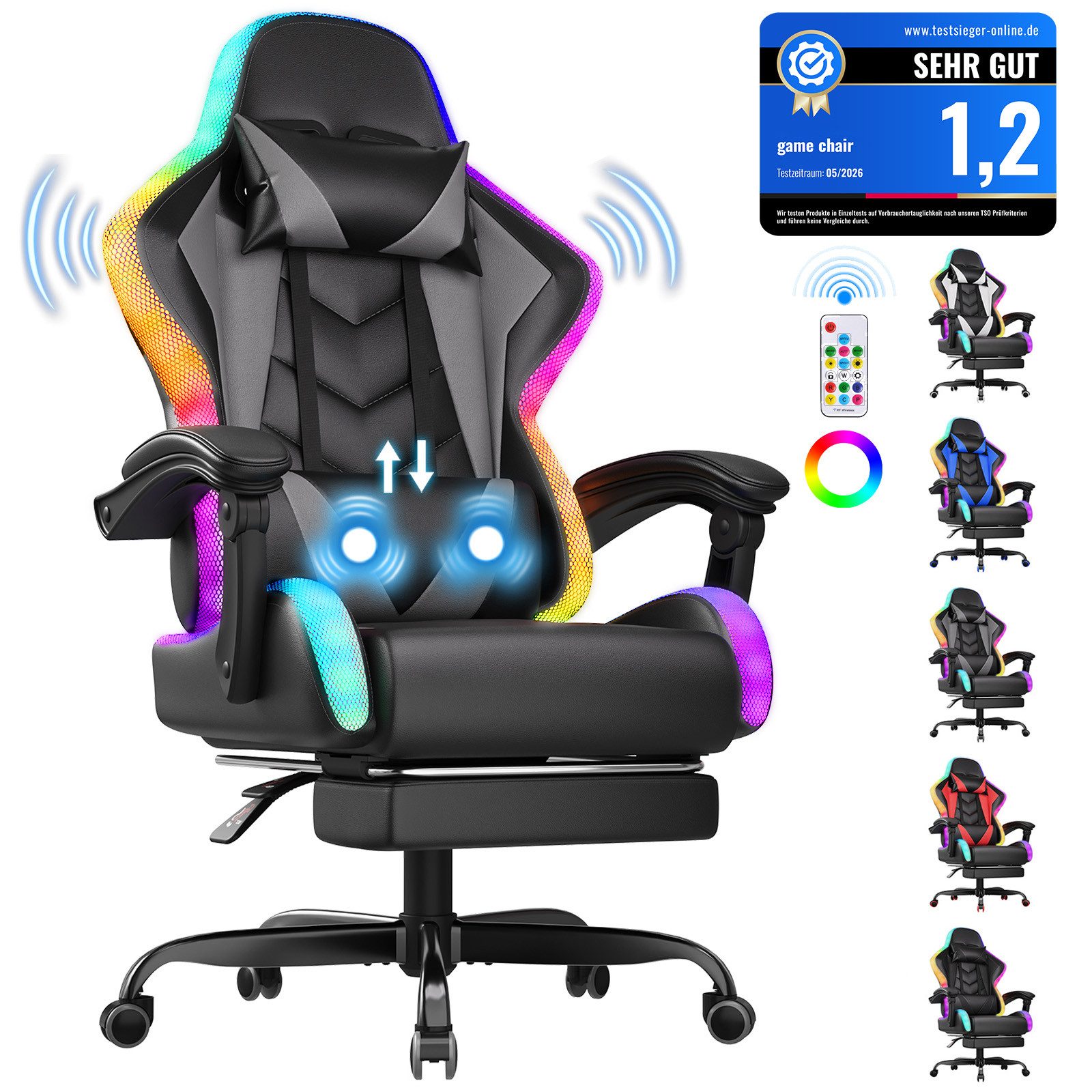 HOMALL Gaming-Stuhl mit LED,Ergonomisch,Fußstütze,computerstuhl,gaming stuhl mit massage (Die LED-Beleuchtung ist einstellbar, das Massagekissen für den Rücken ist beweglich), Ergonomischer Bürostuhl,Kopfstütze und Lendenstütze