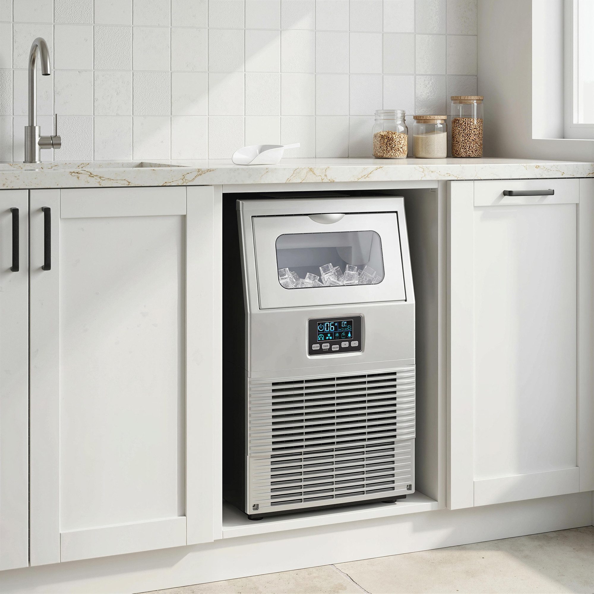 HOMCOM Eiswürfelmaschine Freistehender industrieller Eiswürfelbereiter mit digitaler Steuerung, 4 kg Eisspeicher, 30 kg,24 Stunden für Zuhause