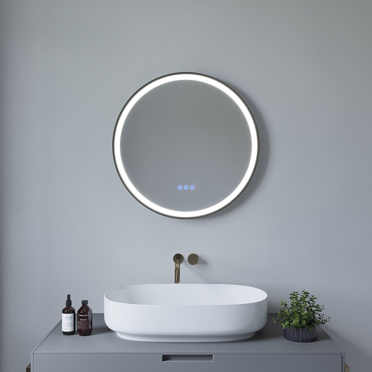 AQUALAVOS Rahmenspiegel-rund Badspiegel Rund 60x60 cm Spiegel mit LED Beleuchtung Touch Wandspiegel, mit Energiesparend Kaltweiß Neutralweiß Warmweiß Beleuchtung IP44
