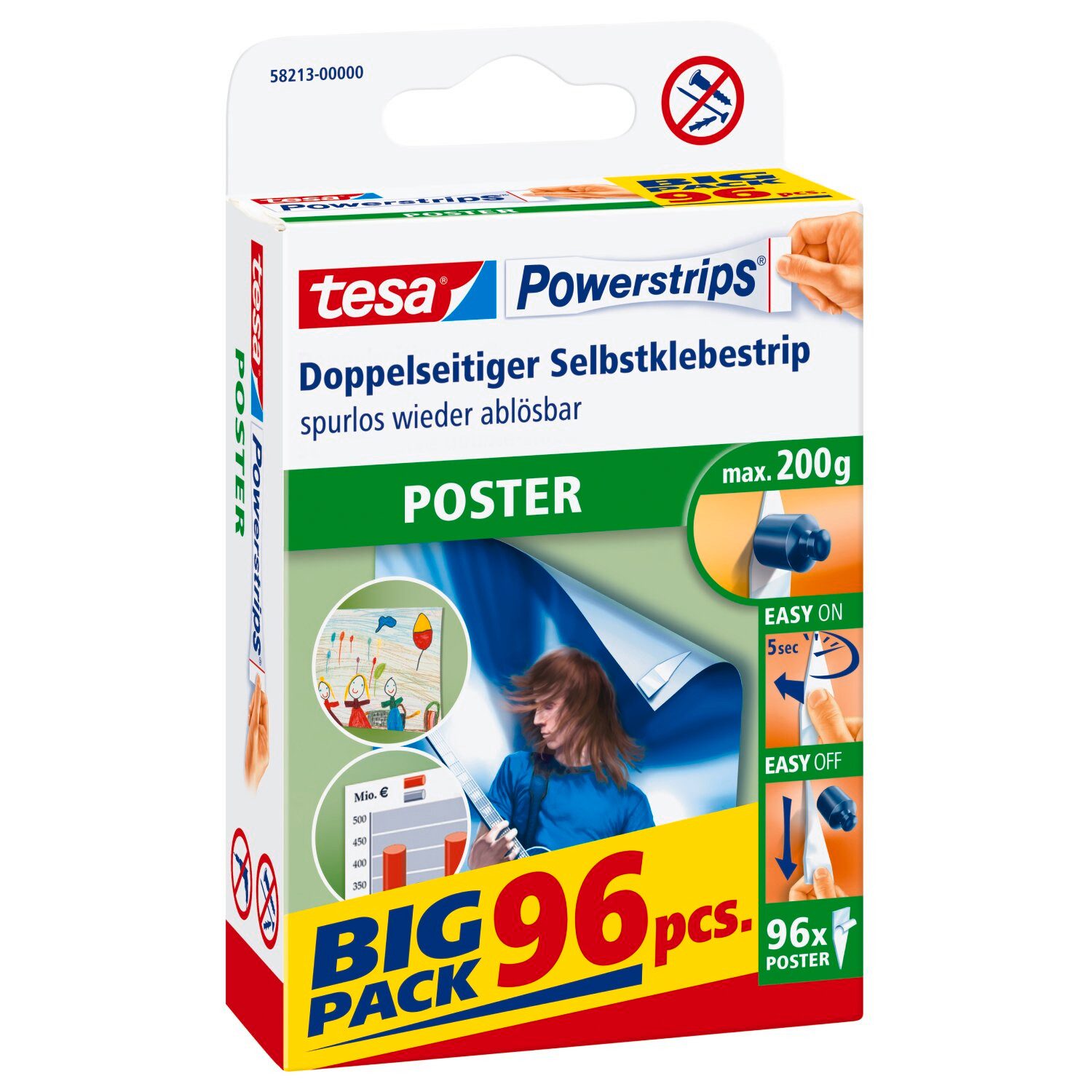 tesa Klebehaken POWERSTRIPS Poster Doppelseitige Klebestreifen, (Packung, 96-St., 96 Stck), Stripes selbstklebend - max. 200 g