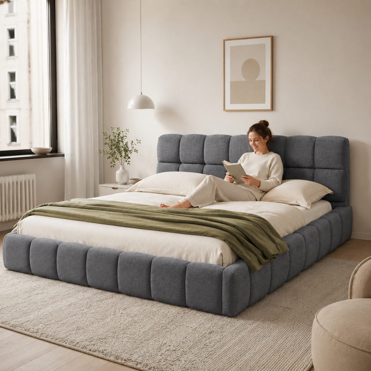 Simurq Polsterbett Jugendbett 140x200 cm mit Lattenrost, Bubble Bett Bettgestell, Leinen (Flachbett, Ohne Matratze,Leinenstoff, Cloud Bett/Marshmallow Bed,Doppelbett 140x200 mit Rückenlehne Kopfteil)