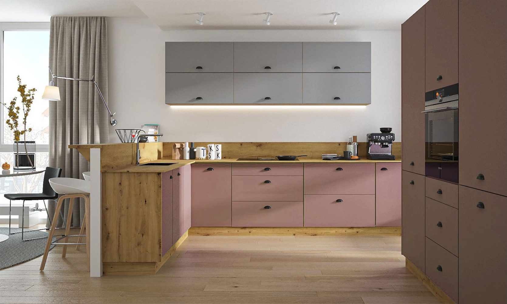 Feldmann-Wohnen Winkelküche Bonn, (Soft-Close-Funktion, Schubladen mit Teilauszug, Besteckkasteneinsatz), 310cm eiche artisan matt/rosé kupfer matt + dust grey matt 15-teilig