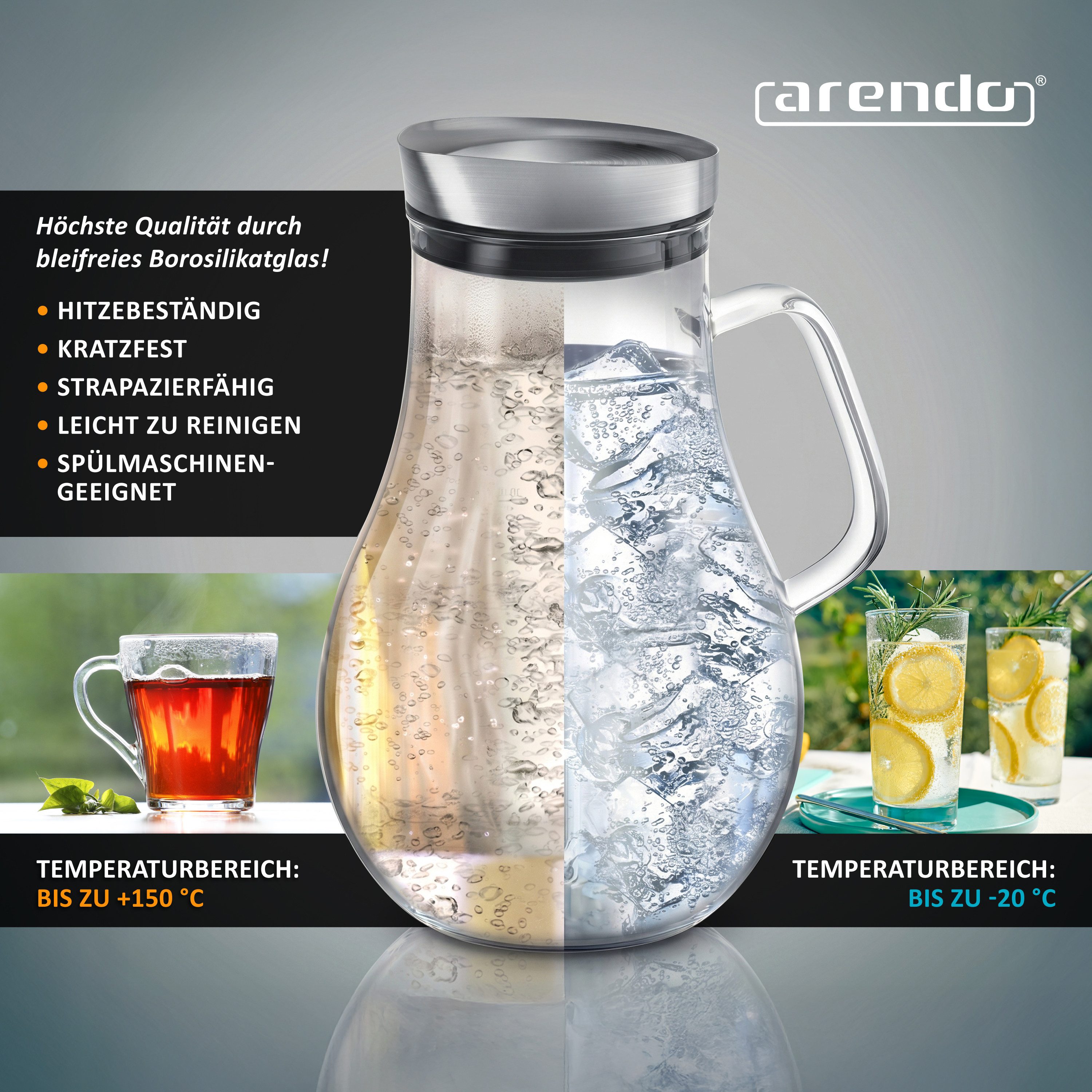 Arendo Karaffe Glaskaraffe 2,0 L, Edelstahldeckel, Henkel, Grobfilter, Wasserkaraffe, (2000 ml mit Edelstahl-Deckel, Grobfilter und ergonomischem Henkel), Borosilikatglas, 2000 ml, Sieb, hitze- und kältebeständig, BPA-frei
