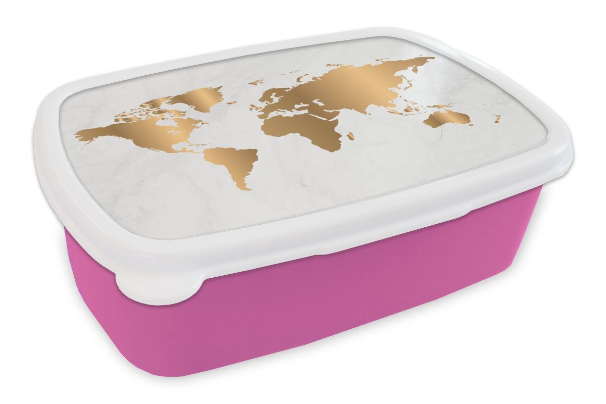 MuchoWow Lunchbox Weltkarte - Gold - Marmoroptik - Luxus - Design, Kunststoff, (2-tlg), Brotbox für Erwachsene, Brotdose Kinder, Snackbox, Mädchen, Kunststoff rosa