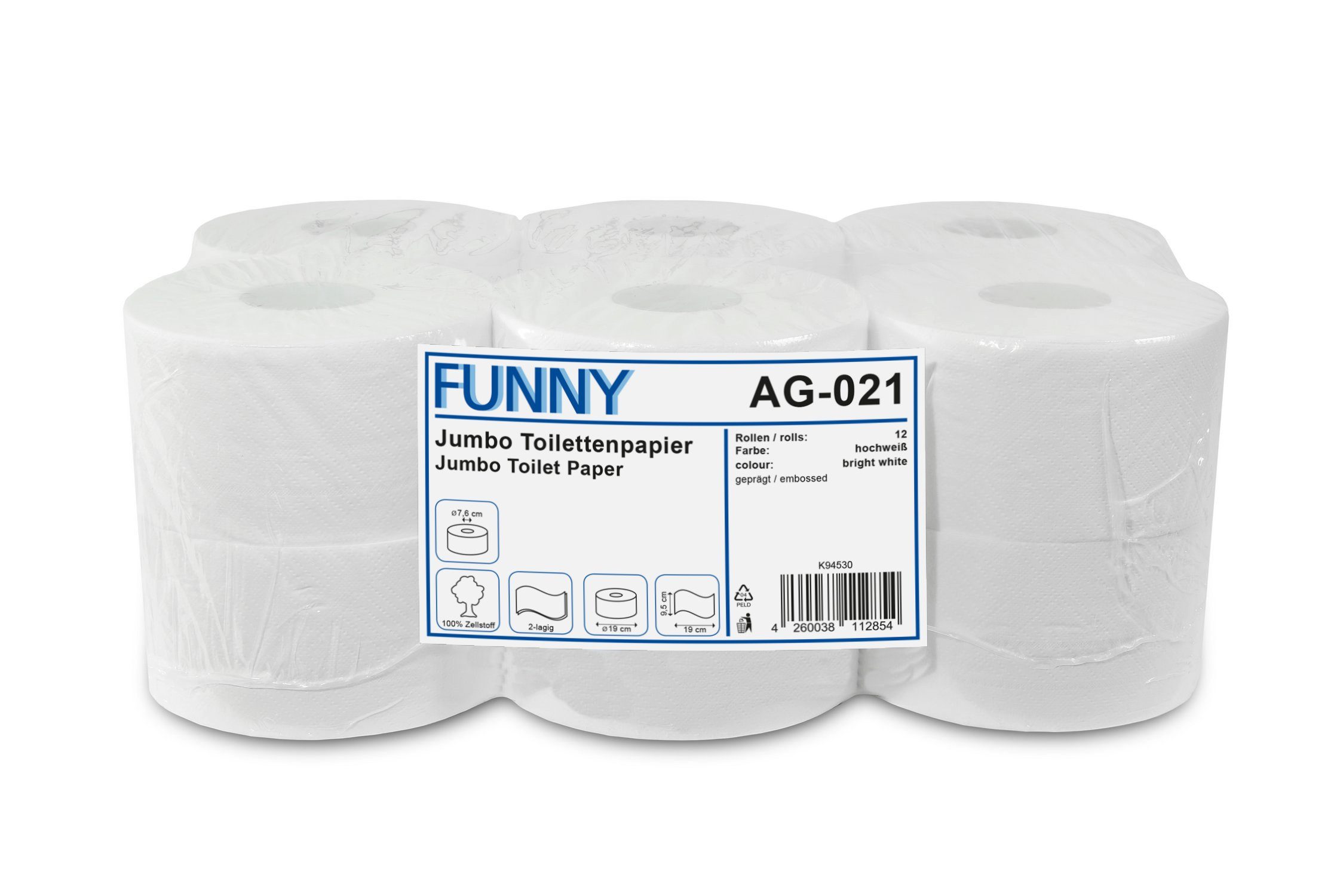 Funny Toilettenpapier 6-12 Jumbo Rollen, Zellstoff, Ø18-25 cm