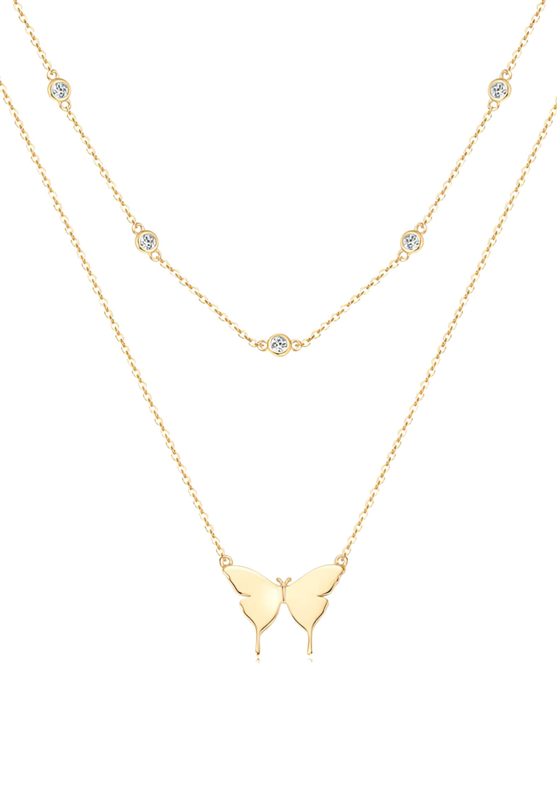 S&T Design Silberkette Damen 925 Silber Halskette Schmetterling Anhänger (Geschenkebox (Etui), Geschenk für Damen), Butterfly Kette 1VVS Moissanite Diamant 14K Gold