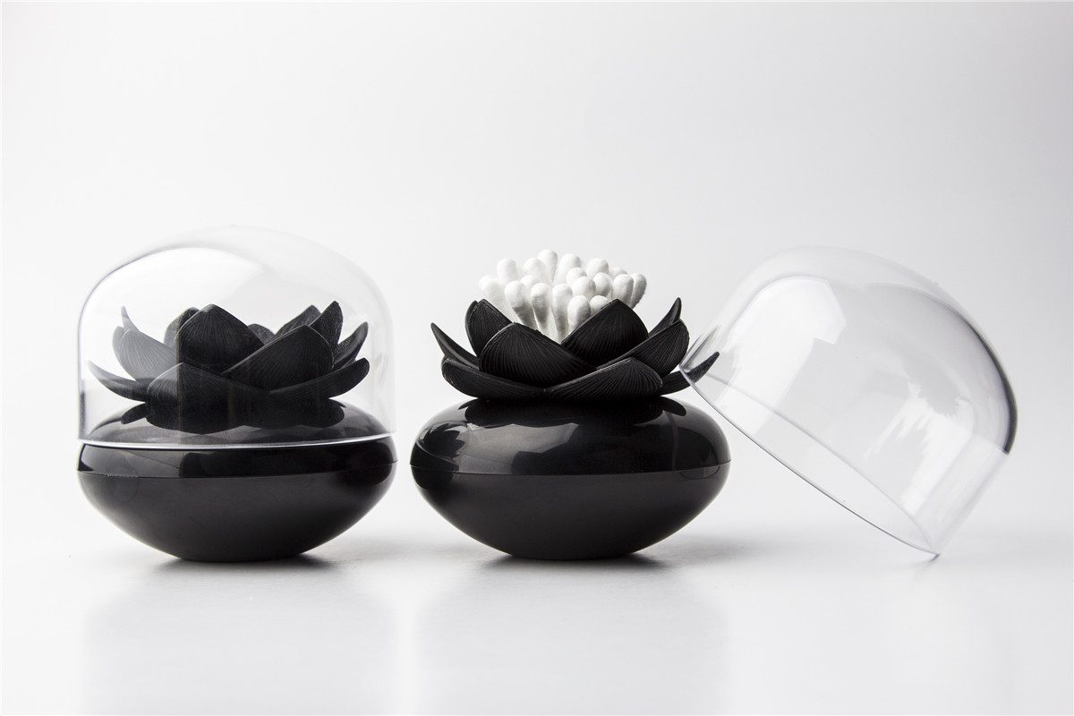 Qualy Design Wattestäbchenspender Lotus Blume, (Wattestäbchenhalter, hygienisch und dekorativ, 1-tlg., Kunststoff, ca. Ø 8 x 8 cm), Watte Stab Behälter Bad WC Weiß Schwarz
