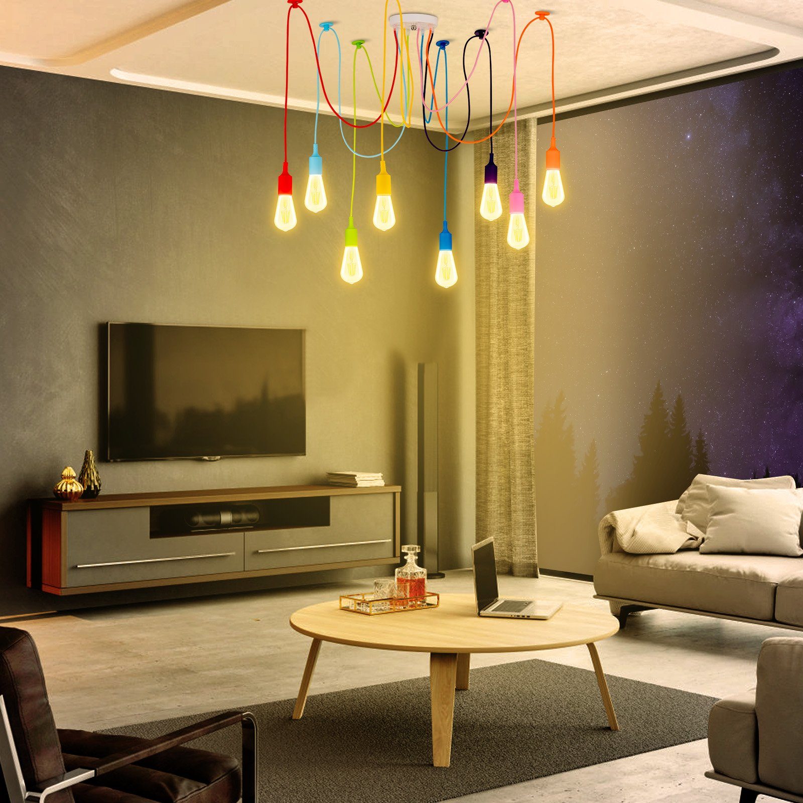 Rosnek LED Pendelleuchte 4/8-Köpfe, E27, für Wohnzimmer weiß/warmweiß Bunt ST64 Schlafzimmer Deko, Vintage, Glaskolben