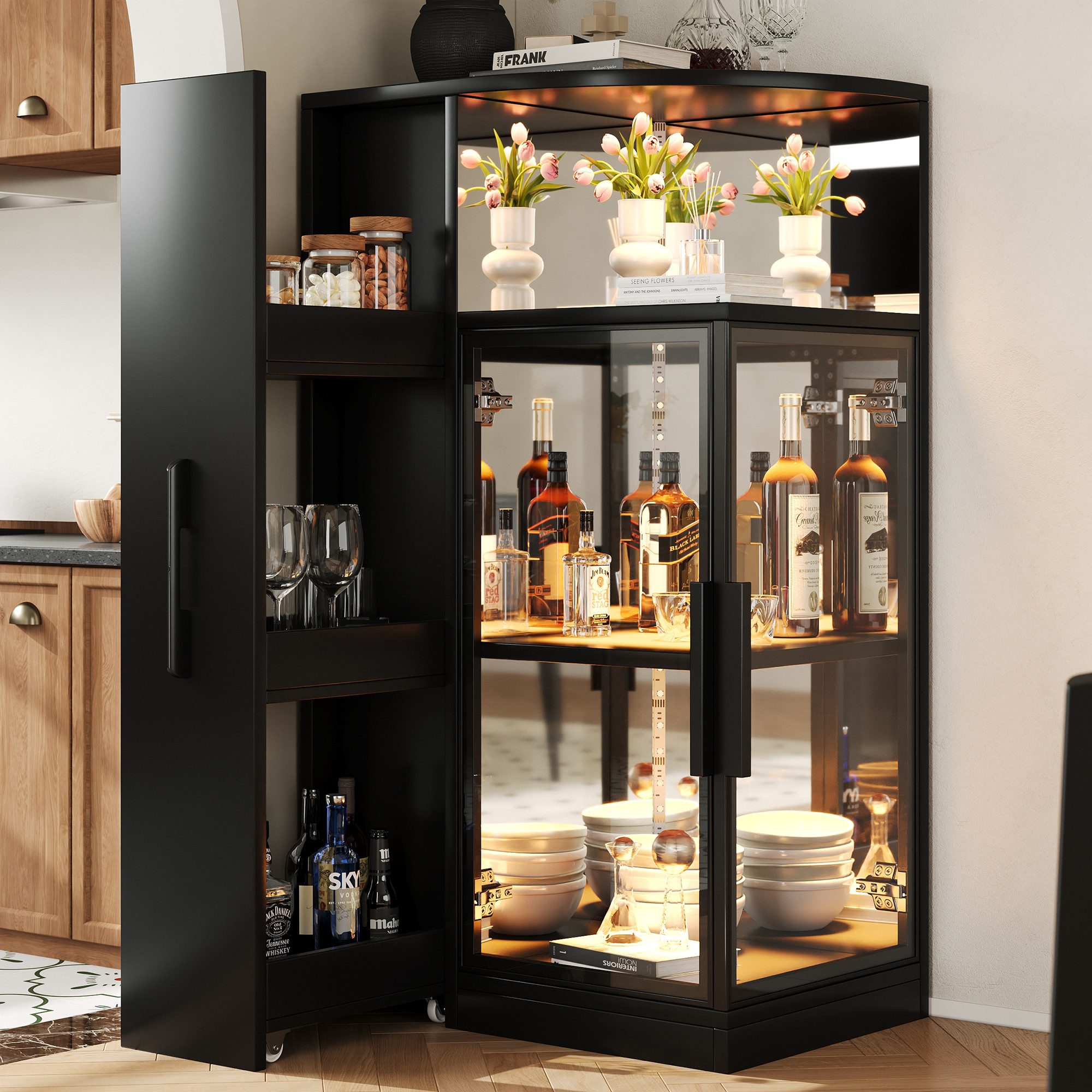 Flieks Eckvitrine Glasvitrine mit LED-Beleuchtung, ausziehbar Seitenregalen, 2 Glastüren (Rückwand in Spiegeloptik mit reflektierenden Beschichtung, 1-St., 64×42×112 cm, Multifunktionsschrank für Wohnzimmer, Esszimmer, Büro) Eckschrank Weinschrank Standvitrine Schwarz, 3 Fächern & Ablagen