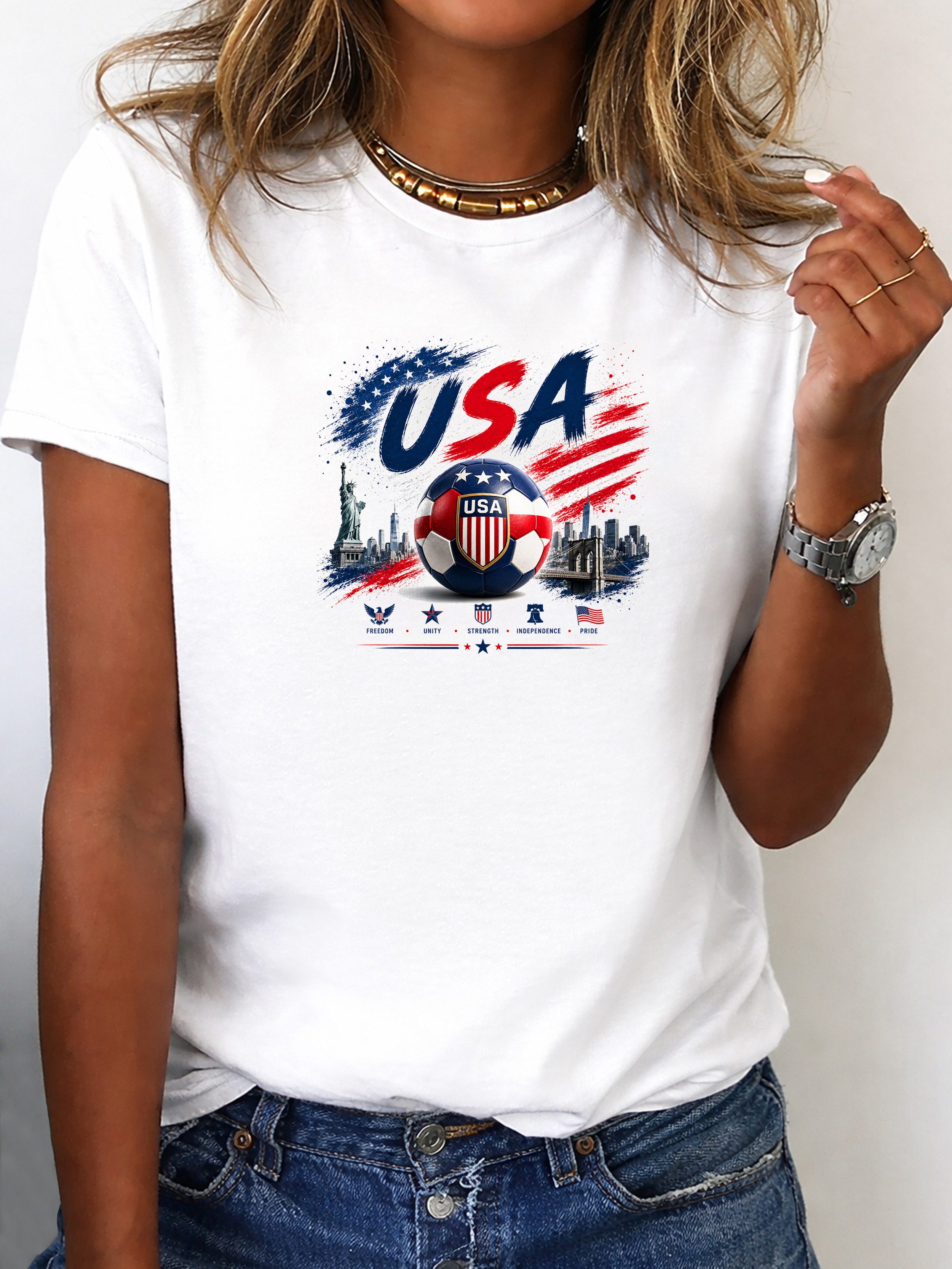 T-Shirt Damen Shirt Rundhals Fußball USA WM