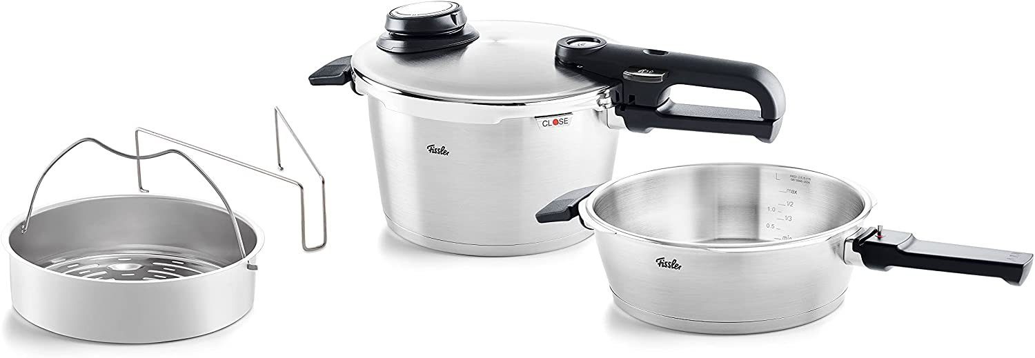Fissler Schnellkochtopf Vitavit® premium Edelstahl Schnellkochtopf-Set 4-teilig, Edelstahl 18/10 (4-tlg), Verriegelungsanzeige, Einstellbares Abdampfen, Einstellbare Kochstufen