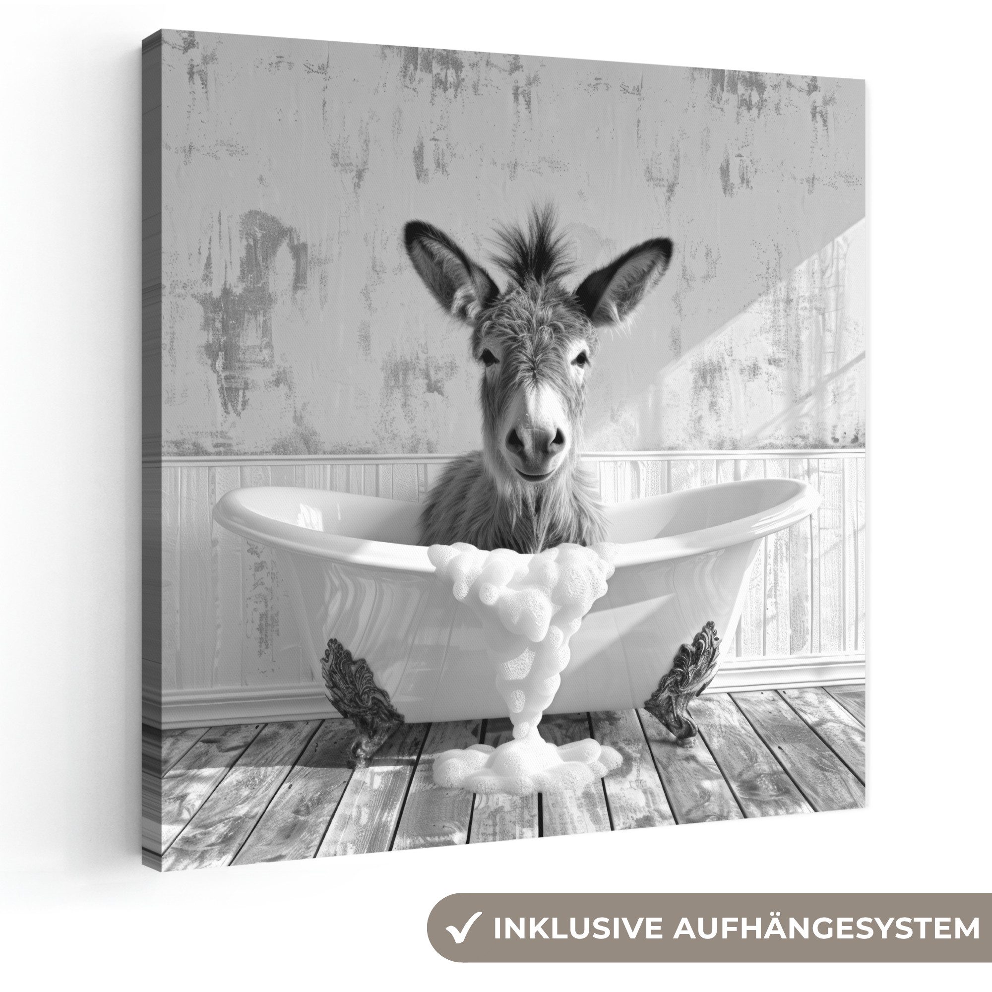 OneMillionCanvasses® Leinwandbild Esel - Tier - Vintage - Badewanne - Schwarz - Weiß, Fotodruck (1 St), Wandbild, Deko Schlafzimmer Wohnzimmer Flur 20x20 cm