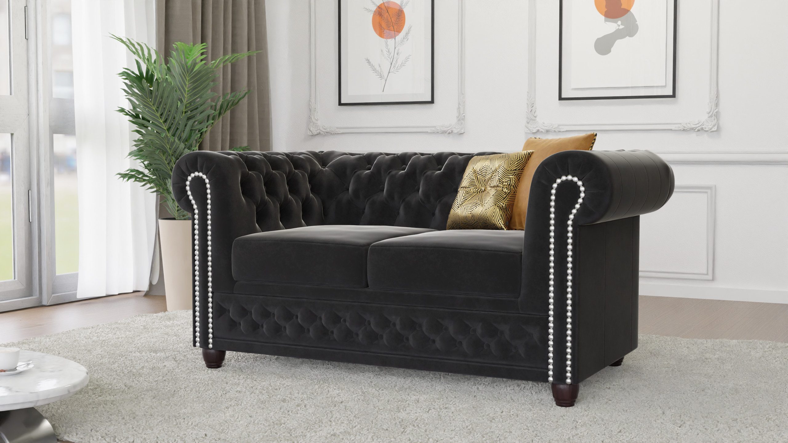 S-Style Möbel Chesterfield-Sofa Chesterfield Lena 2 sitzer mit Schlaffunktion aus Samt-Stoff, 2-Sitzer mit Schlaffunktion, mit Wellenfederung