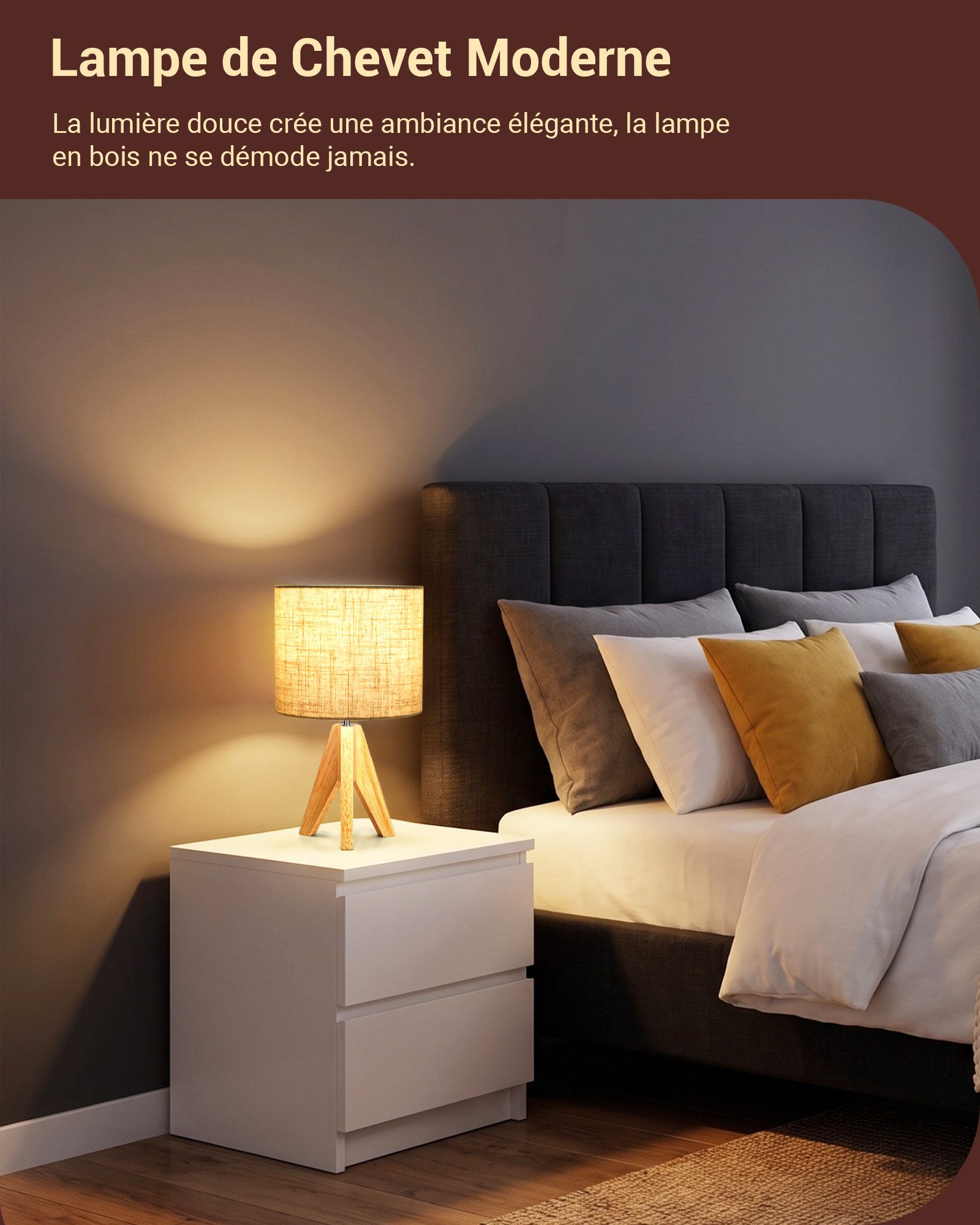 EDISHINE Nachttischlampe Vintage Tischlampe Holz mit Stoffschirm, inkl. Leuchtmittel, LED wechselbar, Warmweiß, Lampenschirm aus Leinen, für Deko, Schlafzimmer, – Bild 5 von 5