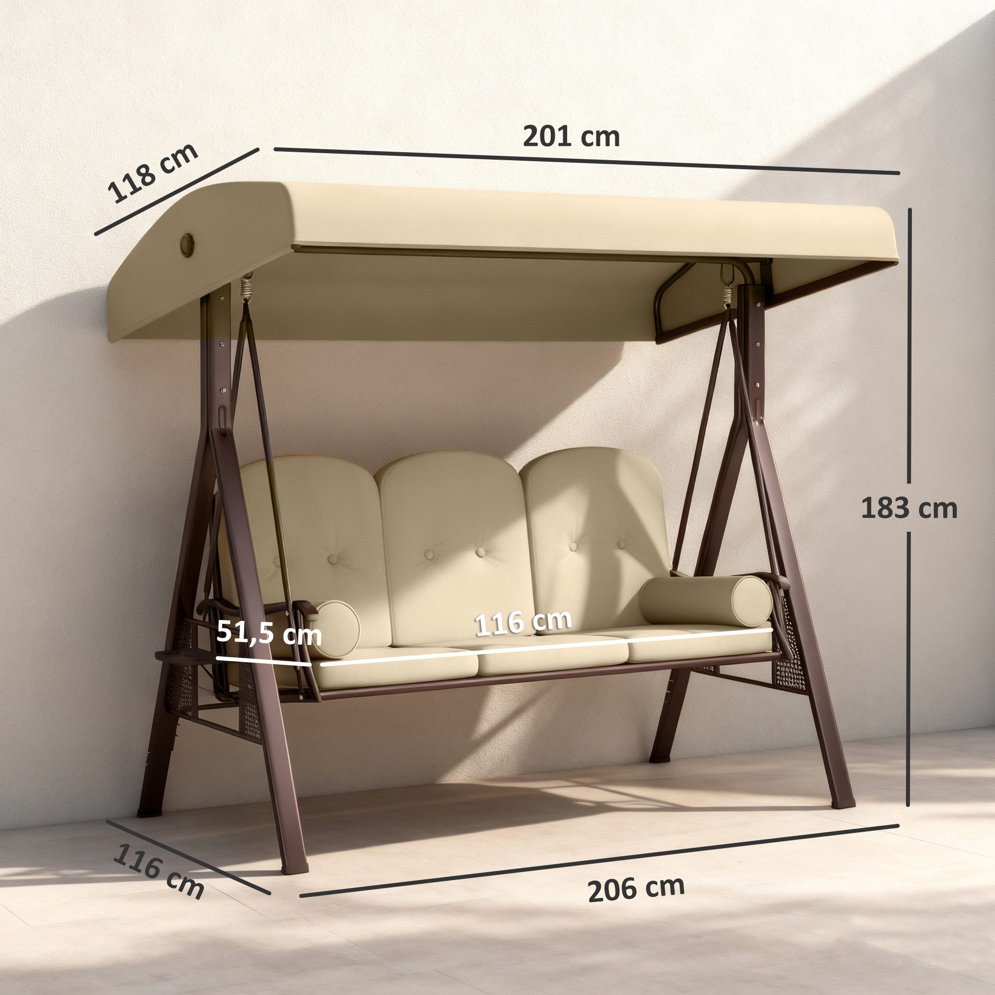 Outsunny Hollywoodschaukel mit Sonnendach, Kissen, 3-Sitzer, Relaxfunktionen, Gartenschaukel, 1 tlg., Schaukel, für Garten, Balkon, Khaki