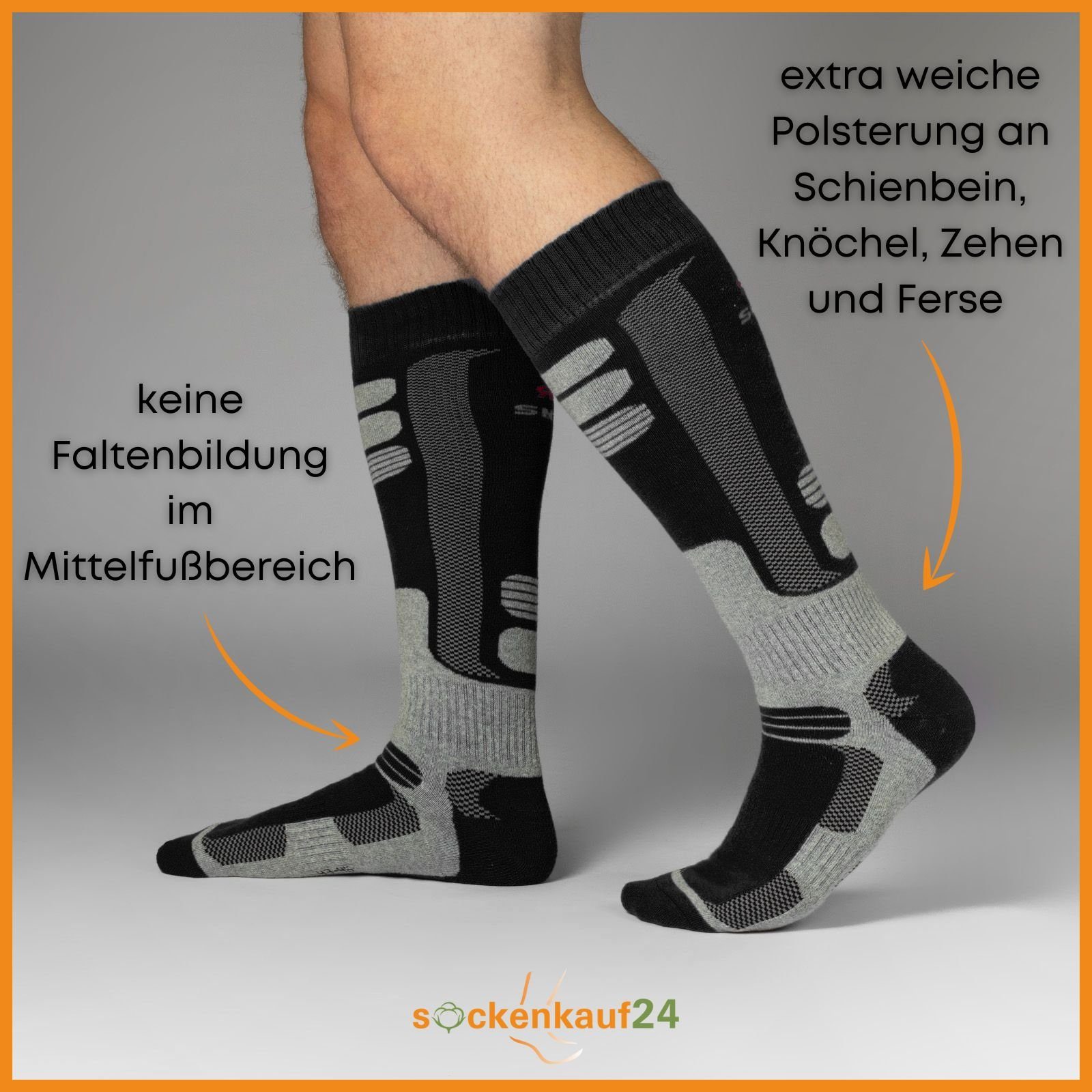sockenkauf24 Skisocken 2 Paar Ski Strümpfe Herren & Damen Ski Socken lang (Schwarz/Schwarz, 35-38) Atmungsaktiv - 42816