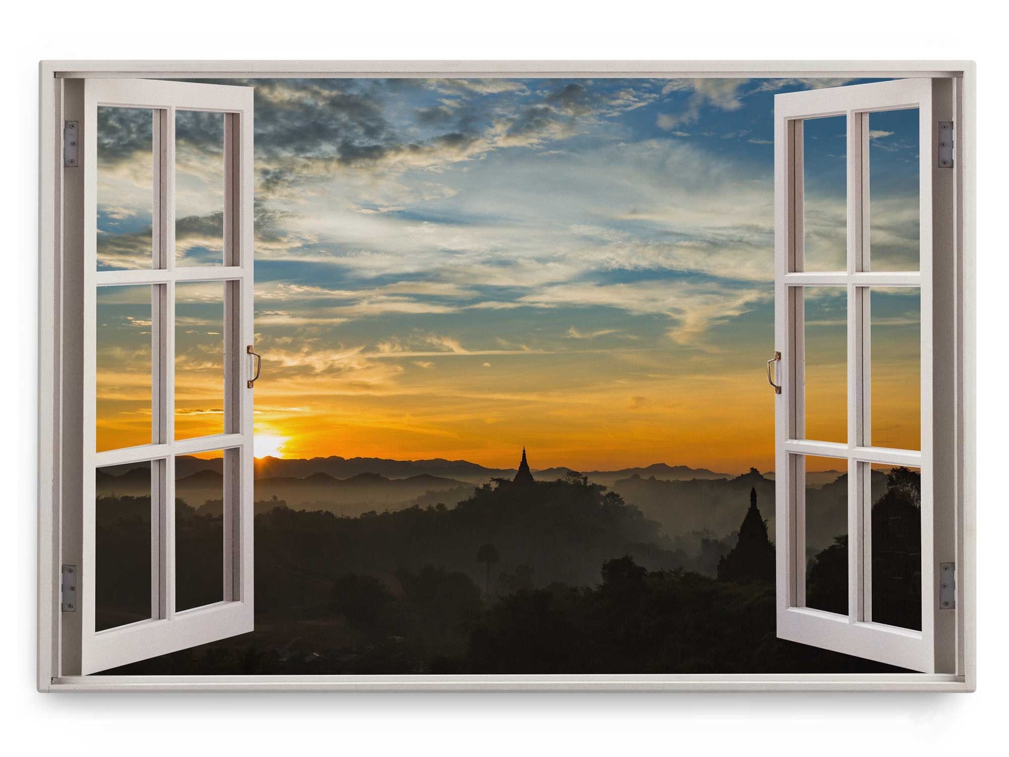 Sinus Art Leinwandbild Wandbild 120x80cm Fensterbild Horizont Sonnenuntergang Tempel Asien Ab, (1 St)