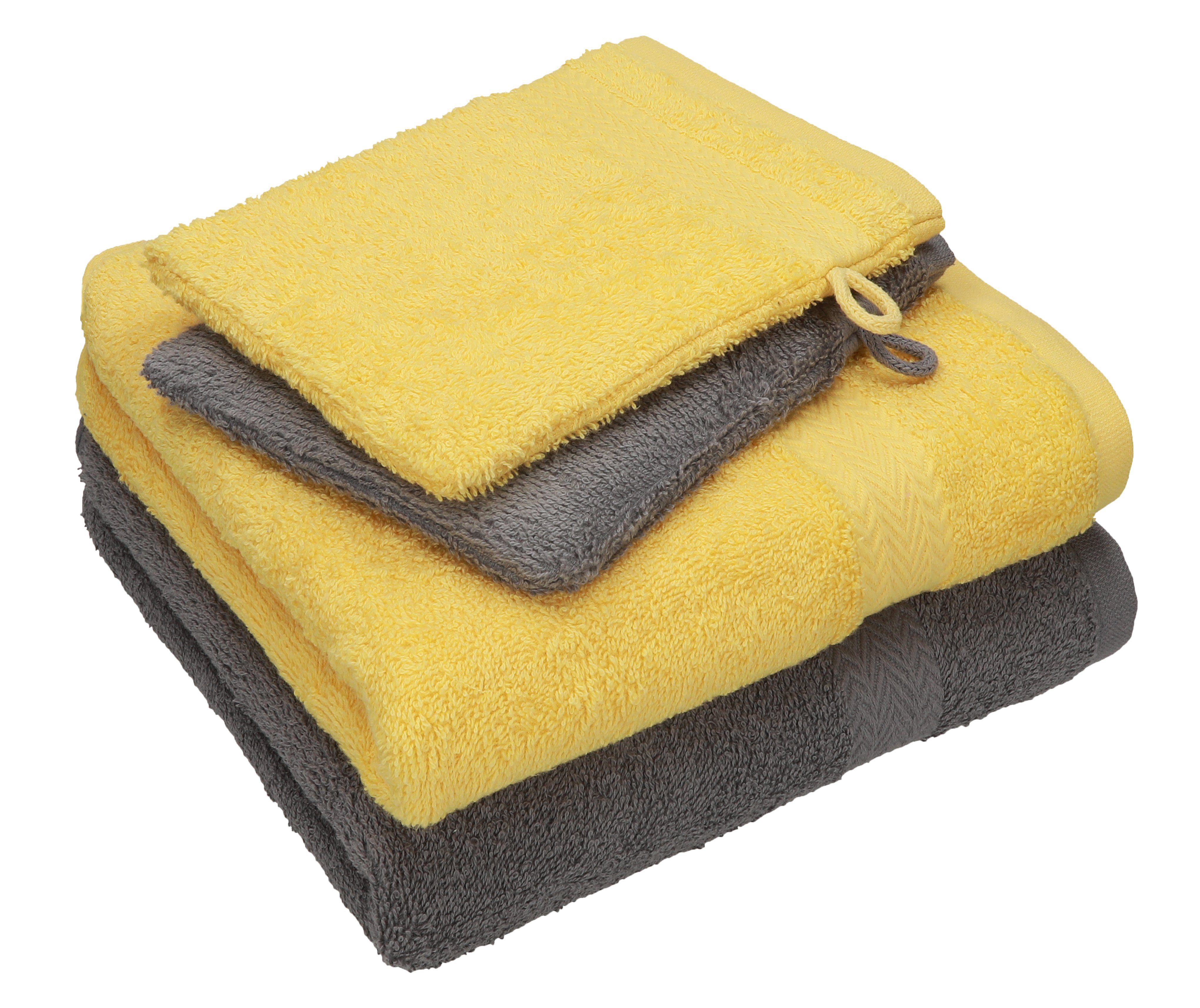 Betz Handtuch Set 4 TLG. Handtuch Set Happy Pack 100% Baumwolle 2 Handtücher 2 Waschhandschuhe, 100% Baumwolle anthrazit grau - gelb