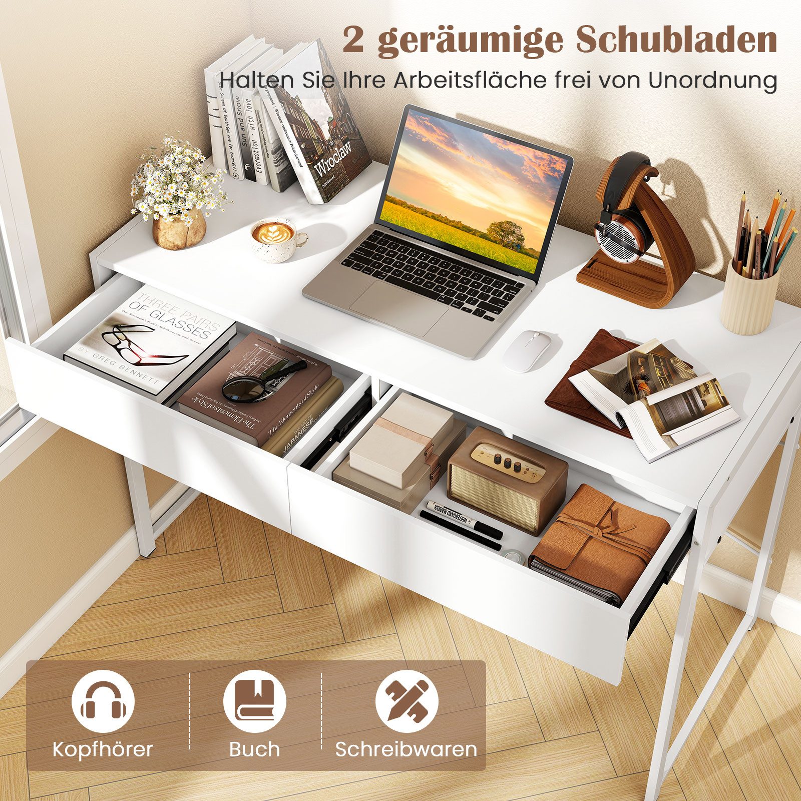 COSTWAY Schreibtisch, mit 2 Schubladen, 100kg belasbar, 112 x 48 x 76 cm