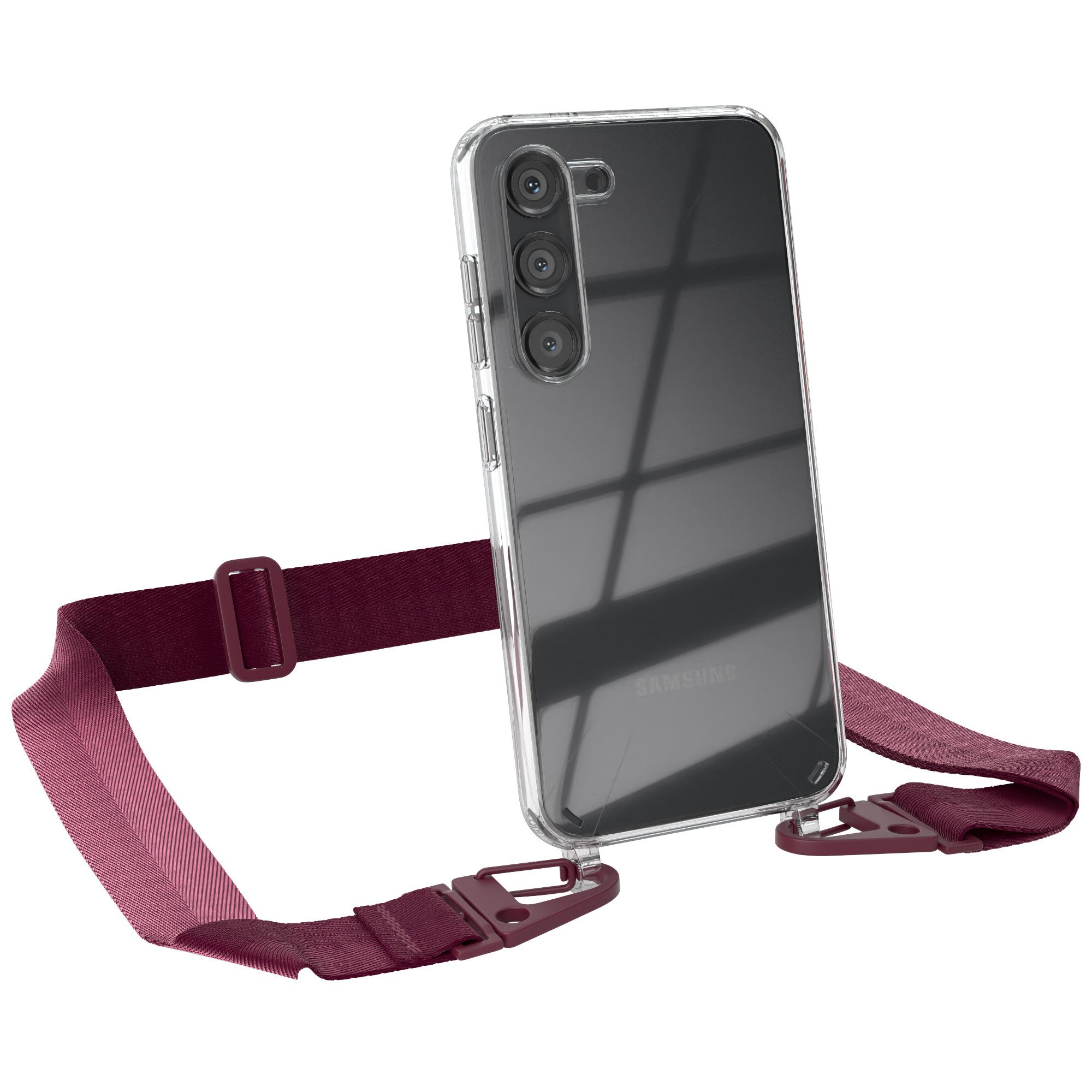 EAZY CASE Handykette Silikon Kette Karabiner für Samsung Galaxy S23 6,1 Zoll, Smartphonekette Cover Silikonhülle Umhängetasche Burgundy Rot Beere