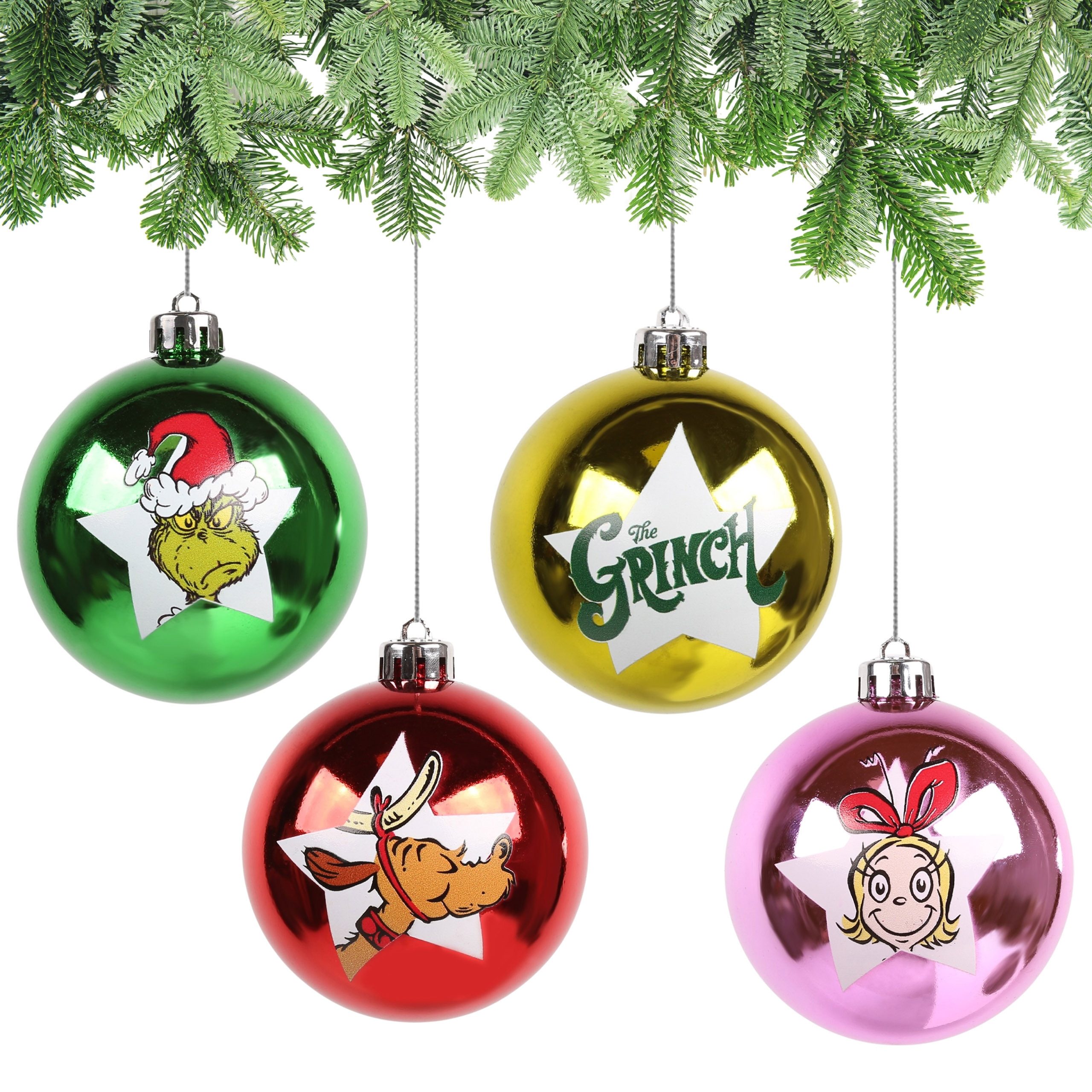 Sarcia.eu Weihnachtsbaumkugel The Grinch – Set Weihnachtsbaumkugeln aus Kunststoff, 8 cm, 4-teilig