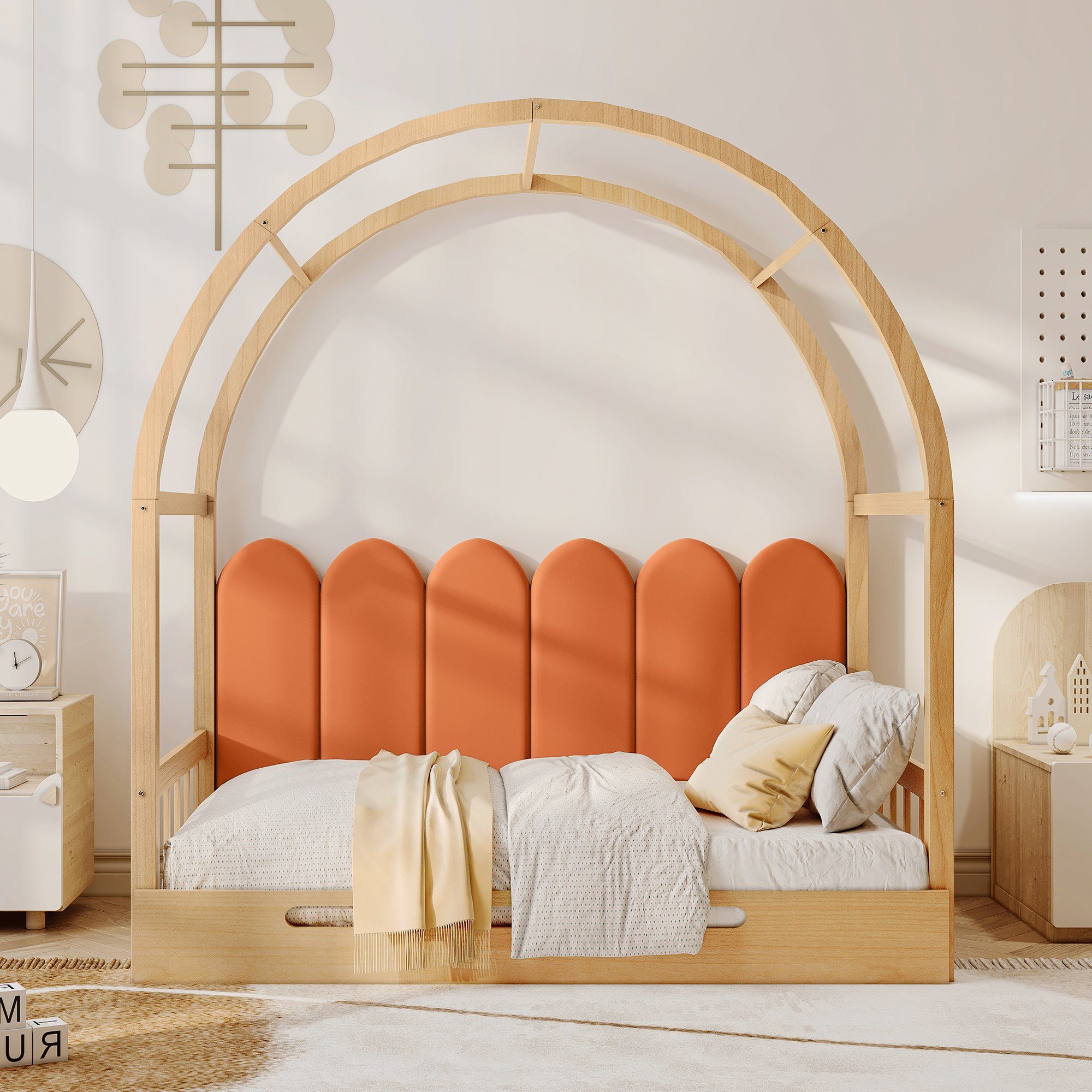 Ulife Jugendbett Ausziehbare Bett Kinderbett mit Samt Zaun-Kissen 140x100cm/140x200cm Holzfarbe | Orange