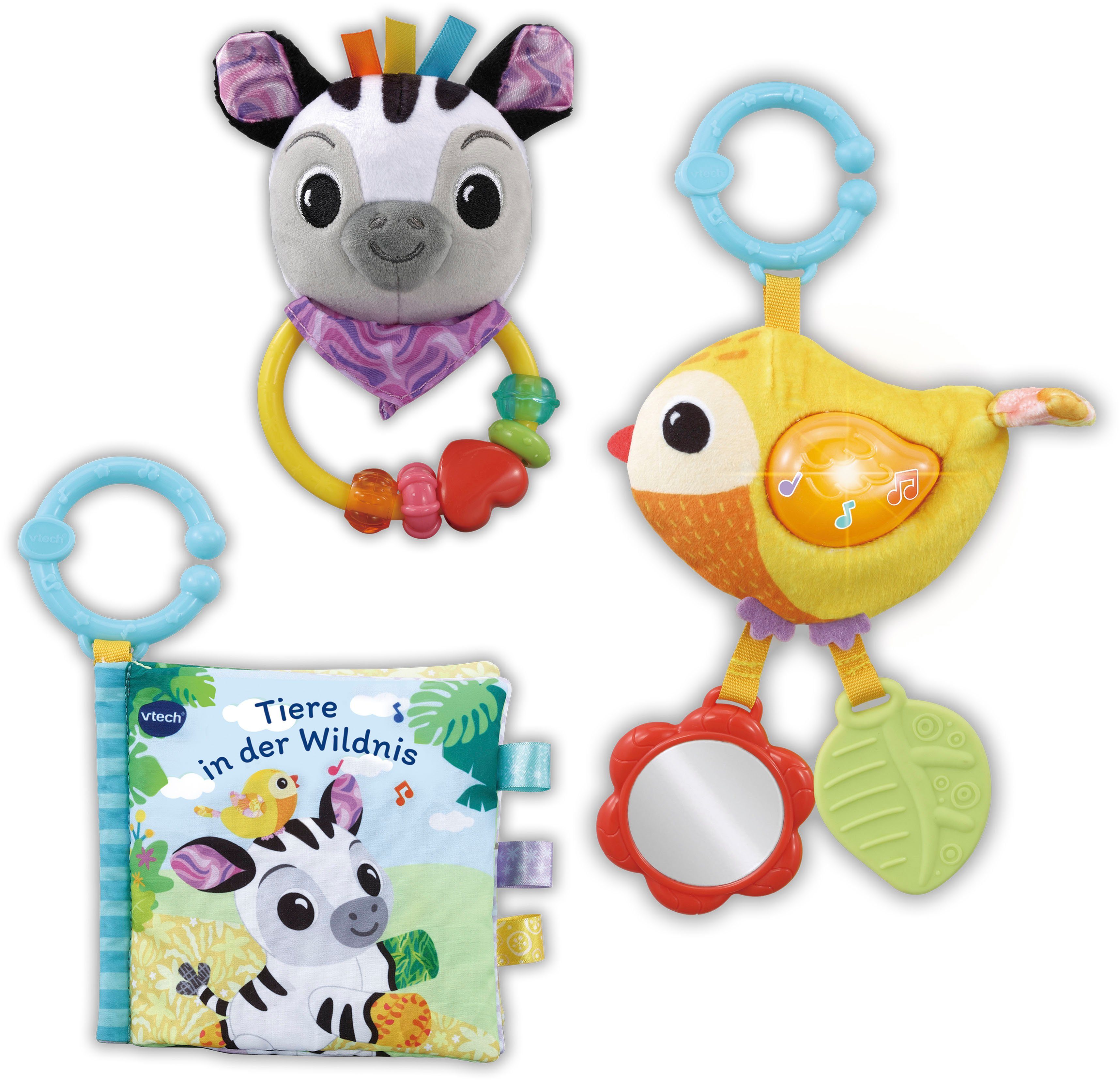 und Baby, Tierfreunde-Geschenkset Stoffbüchlein Babys aus Greifspielzeug Vtech® Material Greifling, bestehend (Set, Vtech recyceltem aus Rassel),