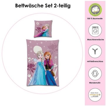 Kinderbettwäsche Frozen Die Eiskönigin 135x200 + 80x80 cm aus 100% Baumwolle, Familando, Renforcé, 2 teilig, "Pink Mountain" mit Anna, Elsa und Olaf