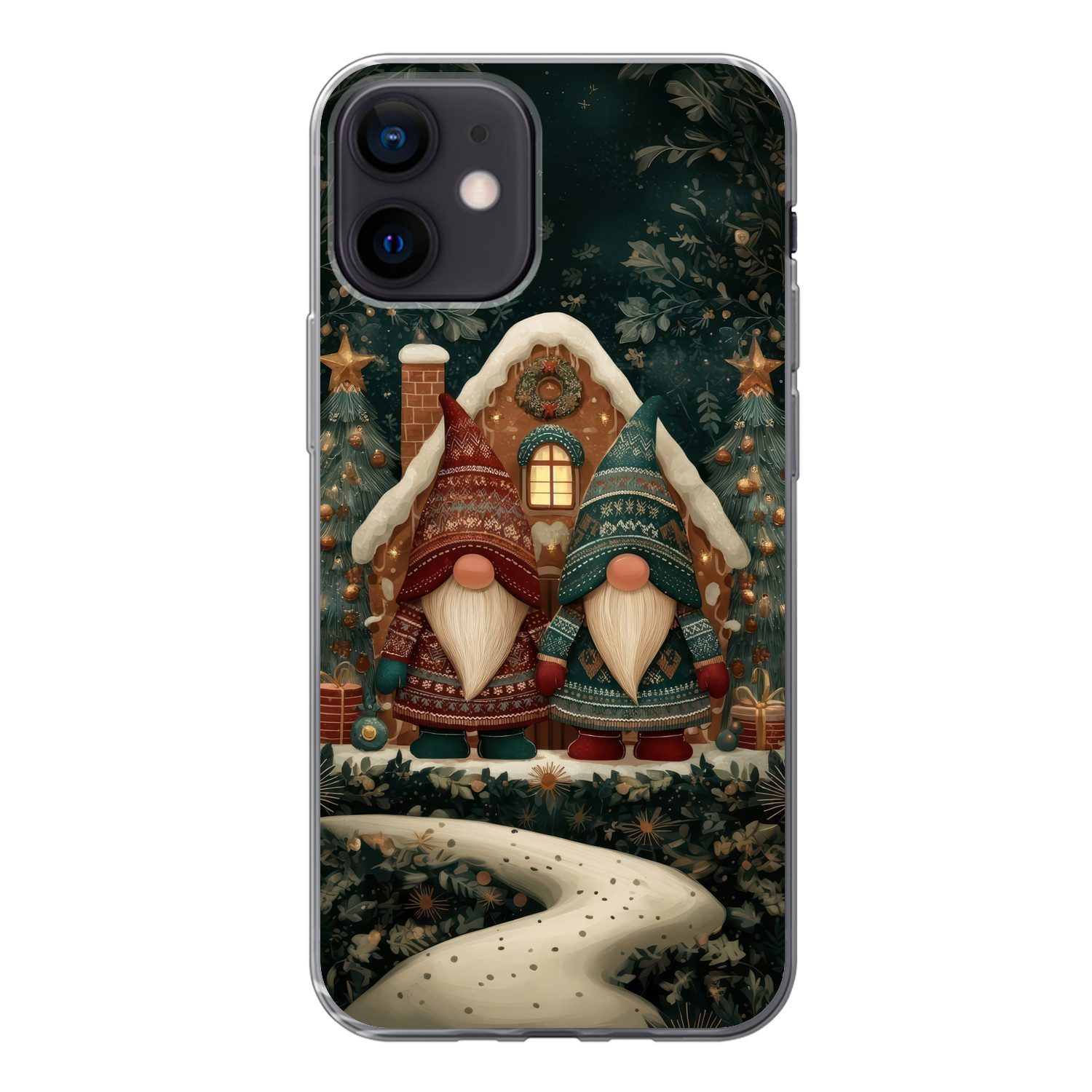 MuchoWow Handyhülle für Apple iPhone 12 Weihnachten - Wichtel - Lebkuchenhaus - Rot - Grün, Smartphone-Bumper, Print, Handy Schutzhülle Dünn