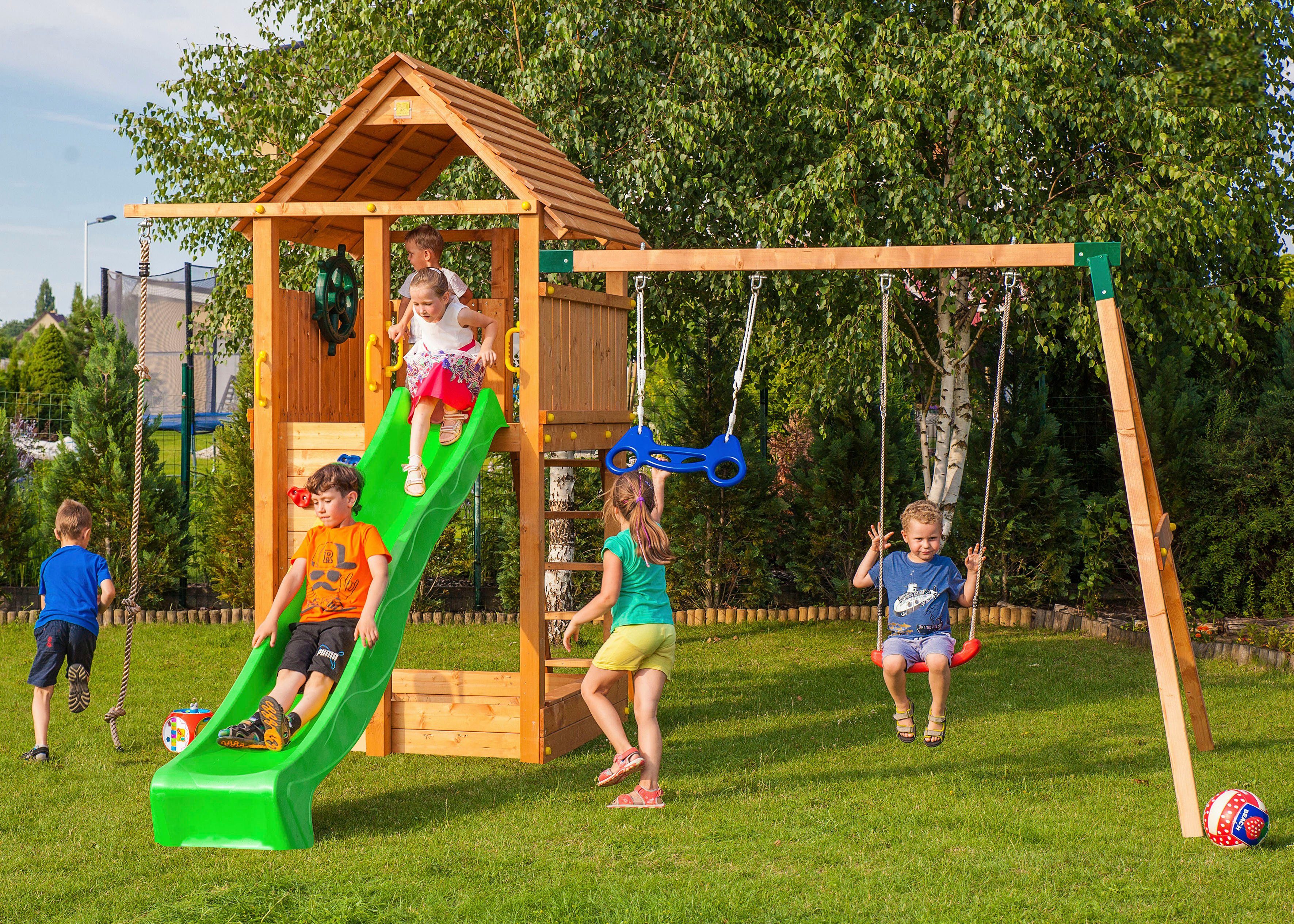 FUNGOO Spielturm FORTRESS Move+, mit Schaukel & Rutsche, Kletterwand