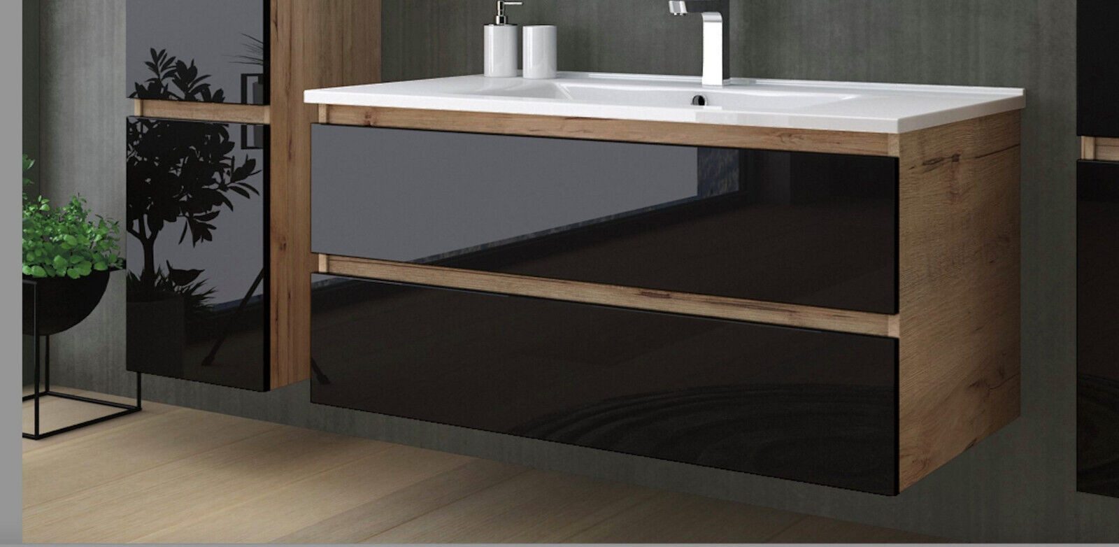 Homeline Badmöbel-Set Bad Möbel Set, Hochglanz, Eiche schwarz und weiß Soft Close, (Set Angebot, 6-St., Spar set)