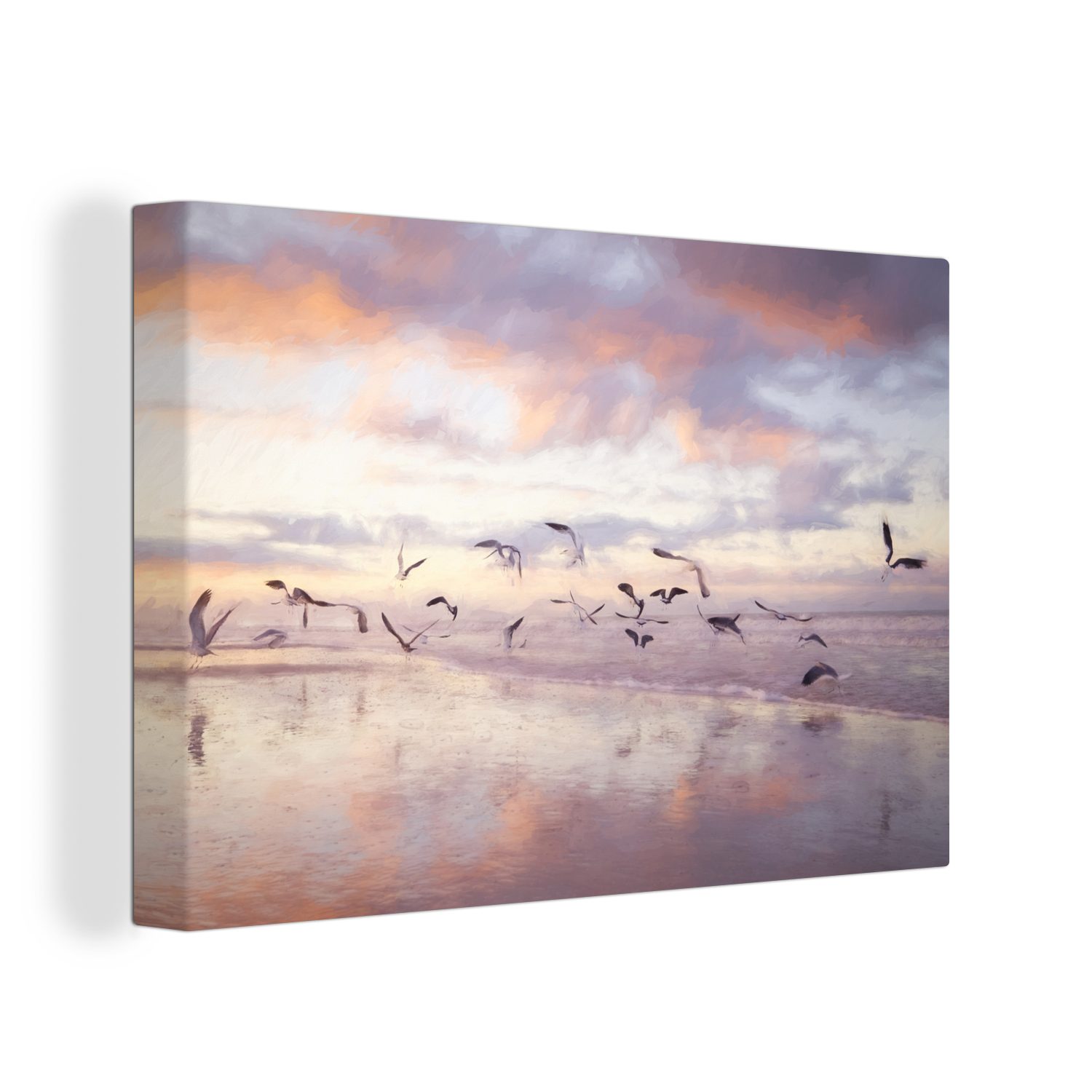 OneMillionCanvasses® Leinwandbild Vögel fliegen bei Sonnenuntergang über dem Meer in Fort Myers Beach, (1 St), Wandbild Leinwandbilder, Aufhängefertig, Wanddeko, 30x20 cm