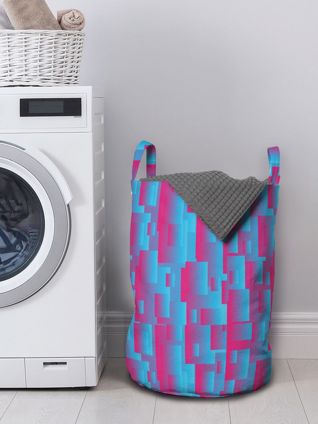 Abakuhaus mit Griffen modernes Pink Quadrat Waschsalons, Wäschekorb Kordelzugverschluss Blau Und Wäschesäckchen für