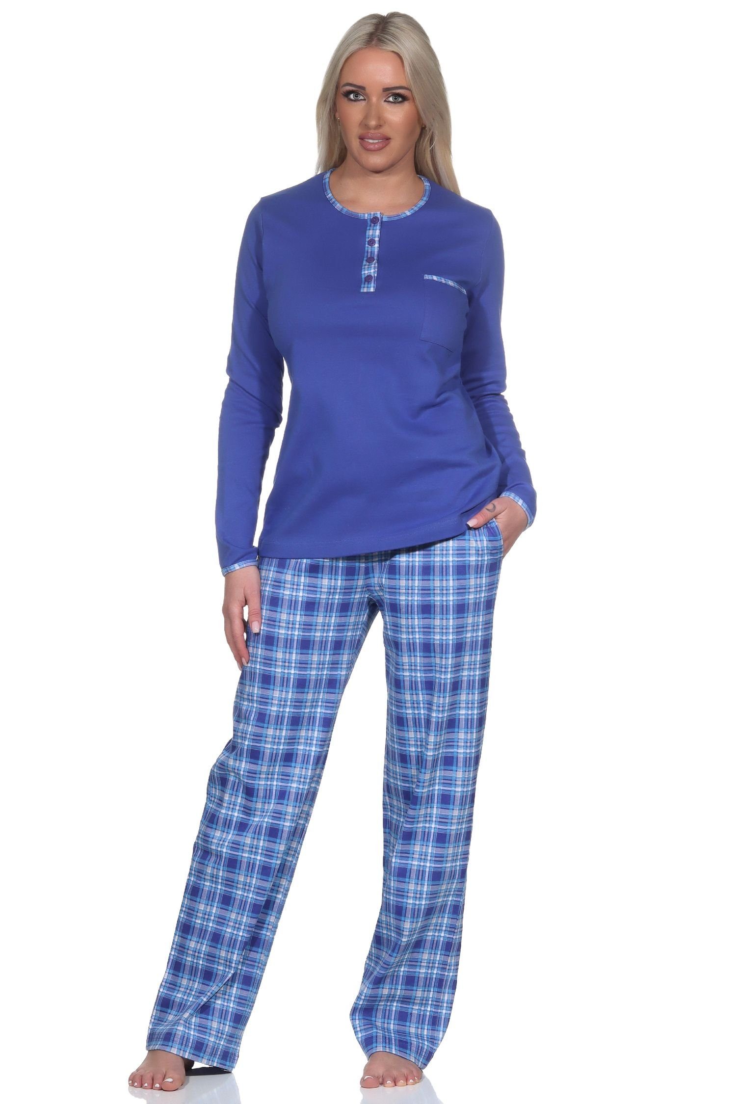 Normann Pyjama Damen Schlafanzug in Kuschel Interlock Qualität mit karierter Hose blau