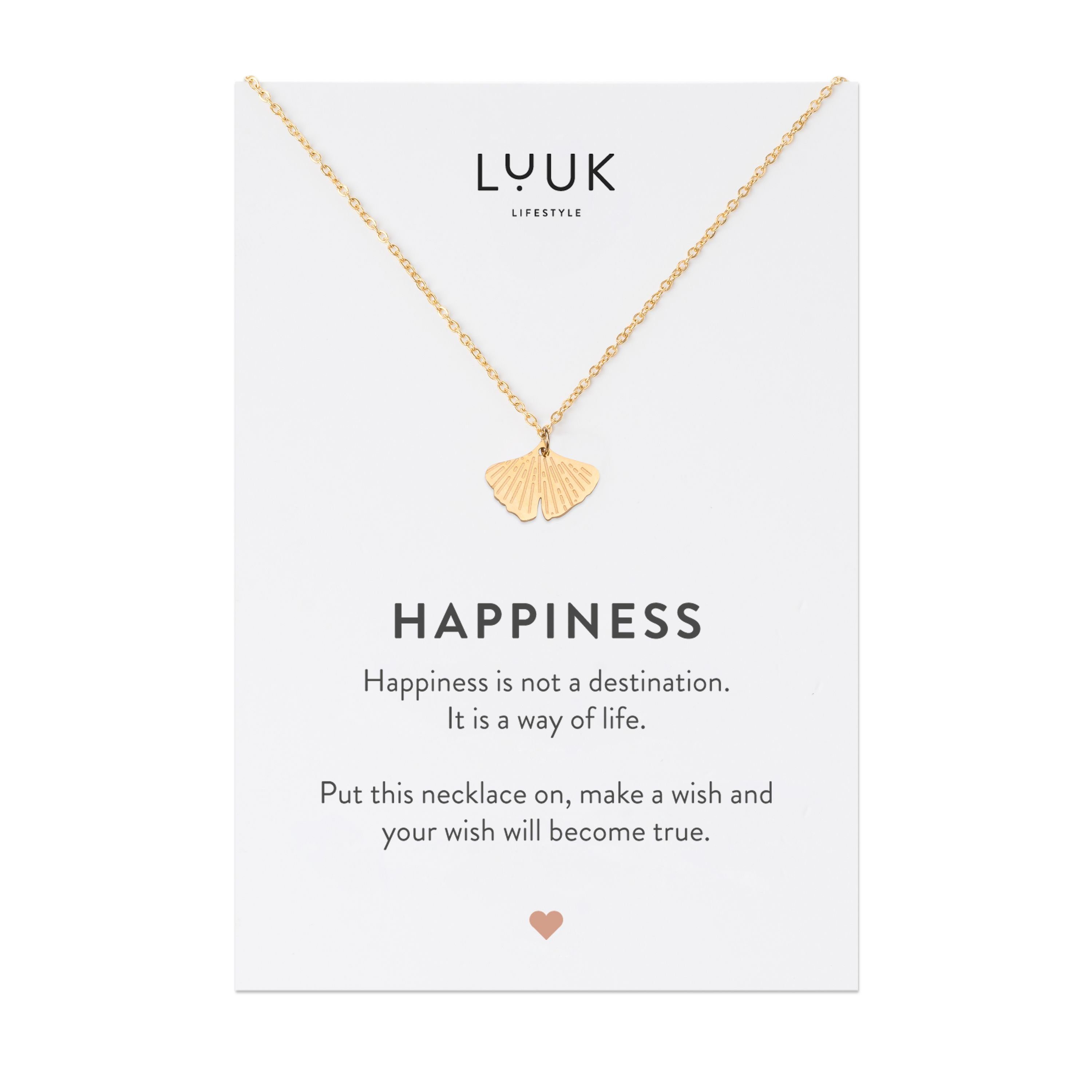 LUUK LIFESTYLE Kette mit Anhänger Ginkgo, und Anhänger Reise, Geschenkkarte, Prüfung, Modeaccessoire, minimalistisches Blatt zum täglichen modernes, Tragen, für Gold Schmuck Ginkgo HAPPINESS Glücksbringer